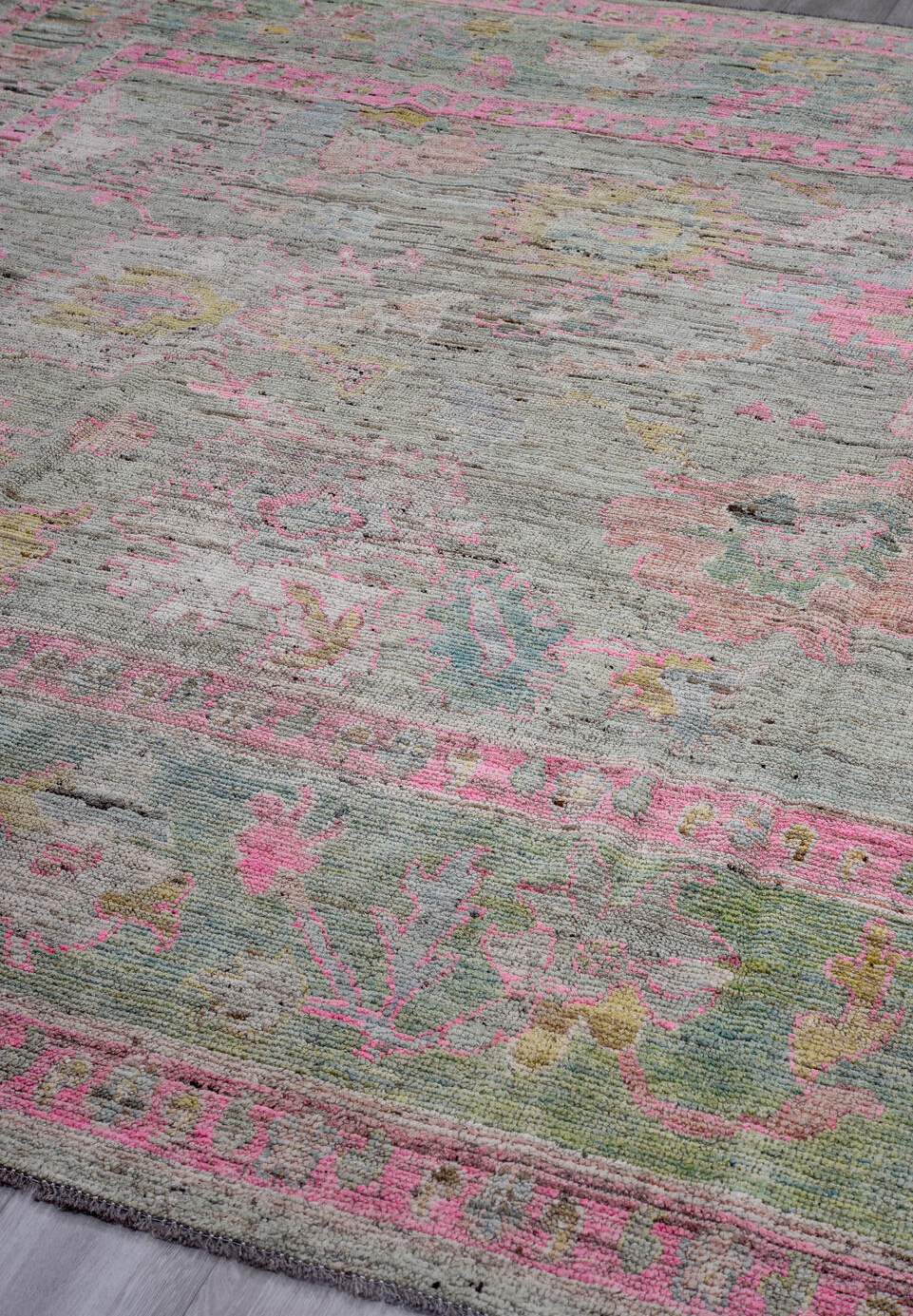 8' x 9' one-of-a-kind handmade vintage Oushak rug. Color palette: black, brown, charcoal, dark gray, dim gray, gray