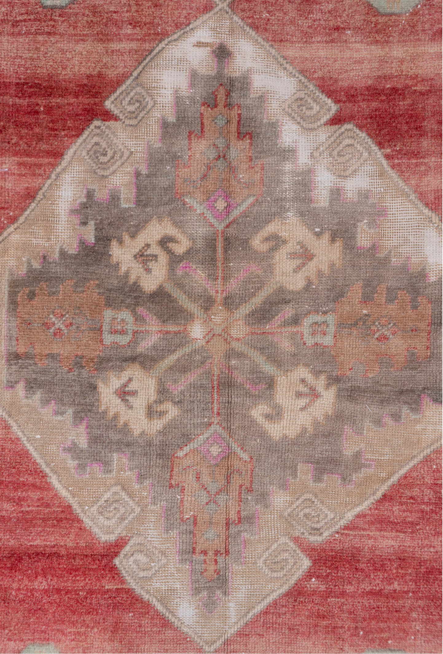 3' x 11' one-of-a-kind handmade vintage Oushak runner rug. Color palette: brown, gray, off-white, pink, red, snow, white