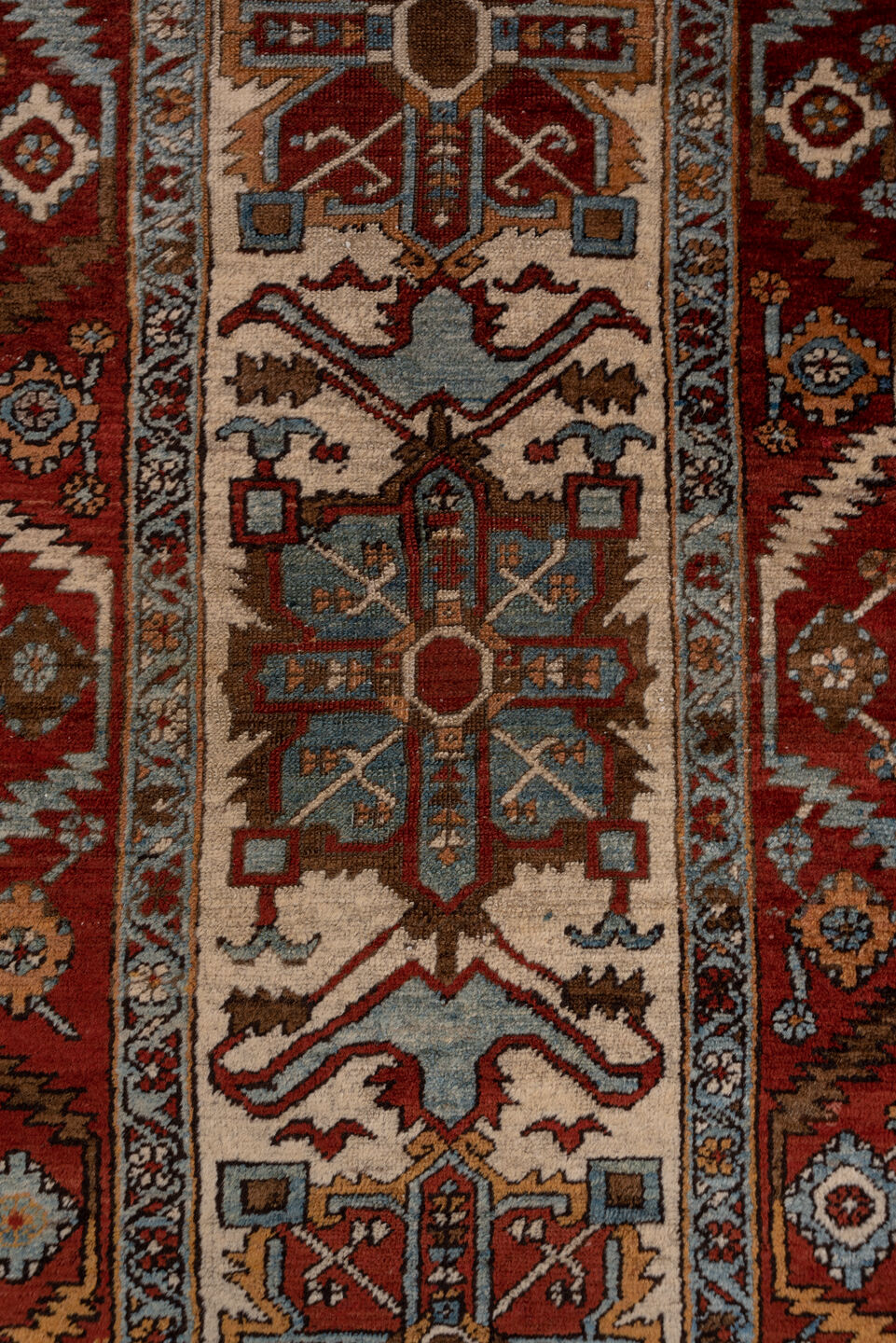 3' x 17' one-of-a-kind handmade vintage Serapi runner rug. Color palette: brown, dim gray, gray, red, redwood