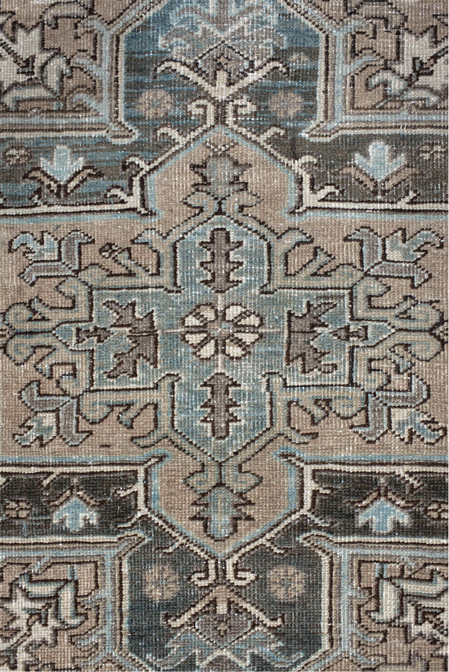 6' x 9' one-of-a-kind handmade vintage Heriz medium size rug. Color palette: gray, light gray, off-white, black, light blue