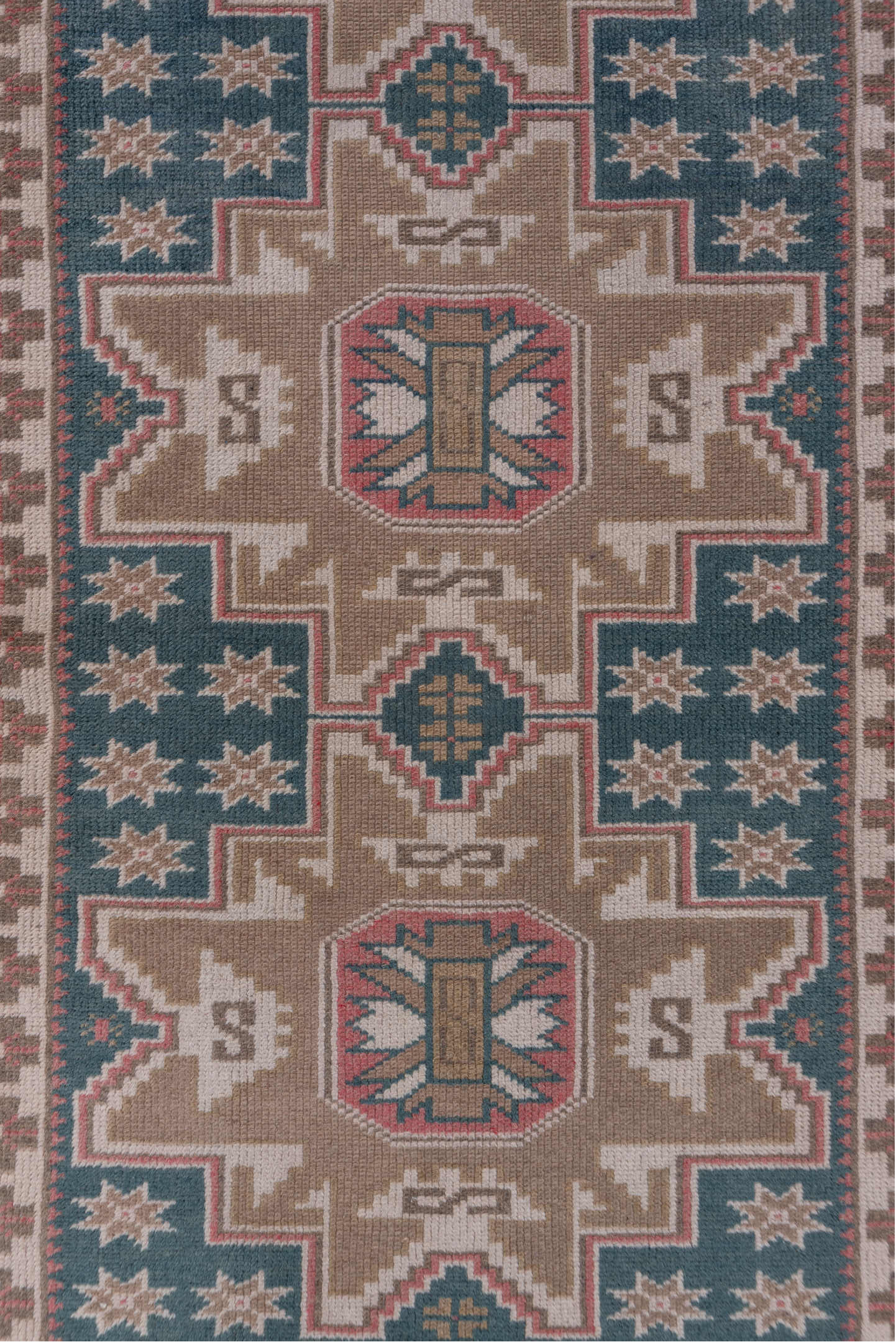 2' x 9' one-of-a-kind handmade vintage Oushak runner rug. Color palette: blue, gray, off-white, pink, snow, white