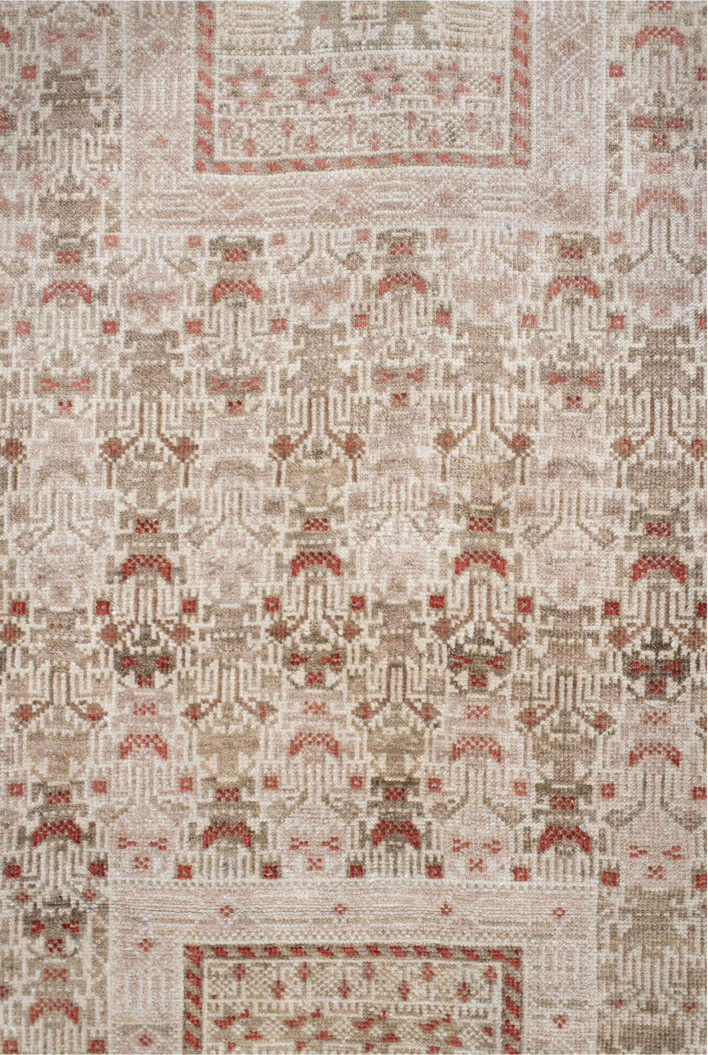 3' x 6' one-of-a-kind handmade vintage Belouch small size rug. Color palette: gray, black, brown, orange, pink, off-white