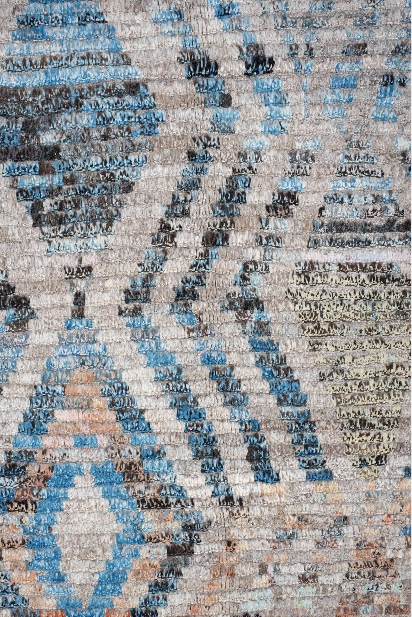 8' x 12' one-of-a-kind handmade vintage Tulu large size rug. Color palette: gray, off-white, light gray, blue, pink