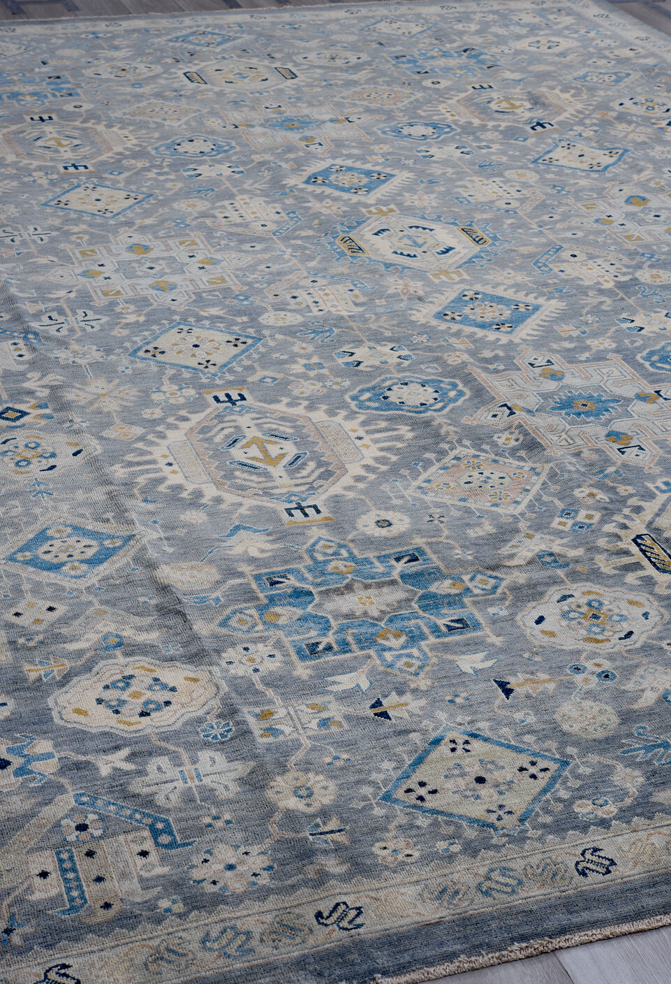 10' x 12' one-of-a-kind handmade vintage Afghan large size rug. Color palette: black, blue, brown, dark gray, gainsboro