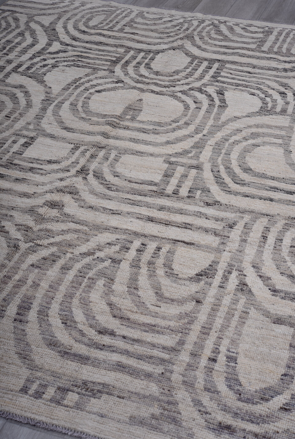 7' x 9' one-of-a-kind handmade vintage Tulu rug. Color palette: black, blue, charcoal, dark gray, dim gray, gainsboro, gray