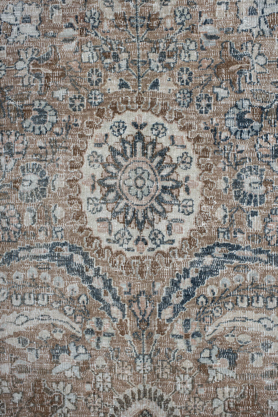 7' x 11' one-of-a-kind handmade vintage Meshed large size rug. Color palette: light gray, gray, off-white, pink, black