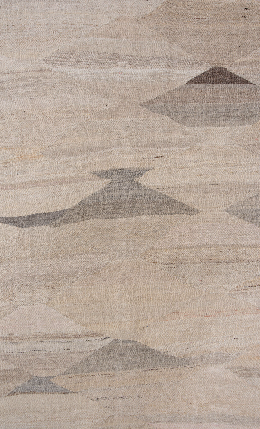 9' x 13' one-of-a-kind handmade vintage Kilim large size rug. Color palette: brown, gray, light gray, off-white, pink