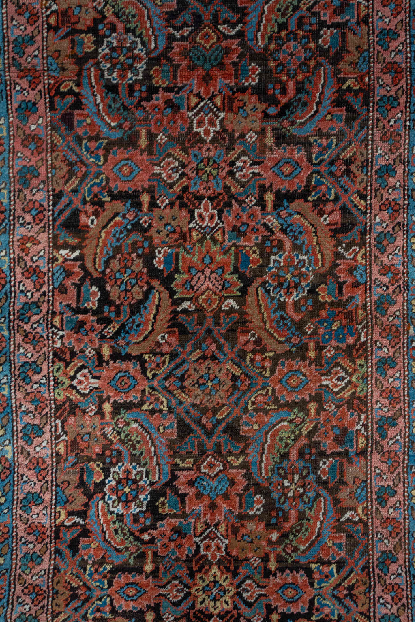 3' x 13' one-of-a-kind handmade vintage Bakhshayesh runner rug. Color palette: black, blue, brown, gray, pink, red