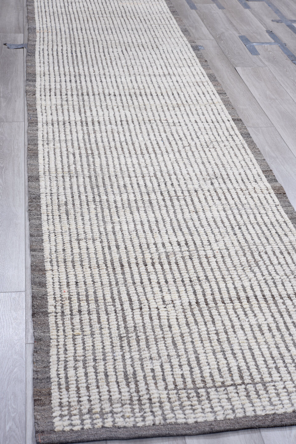 3' x 12' one-of-a-kind handmade vintage Tulu runner rug. Color palette: black, charcoal, dark gray, dim gray, gainsboro