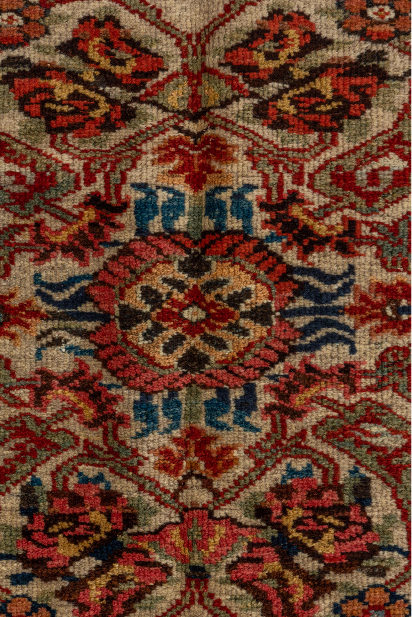 10' x 13' one-of-a-kind handmade vintage Sultanabad large size rug. Color palette: brown, red, gray, blue, black, redwood