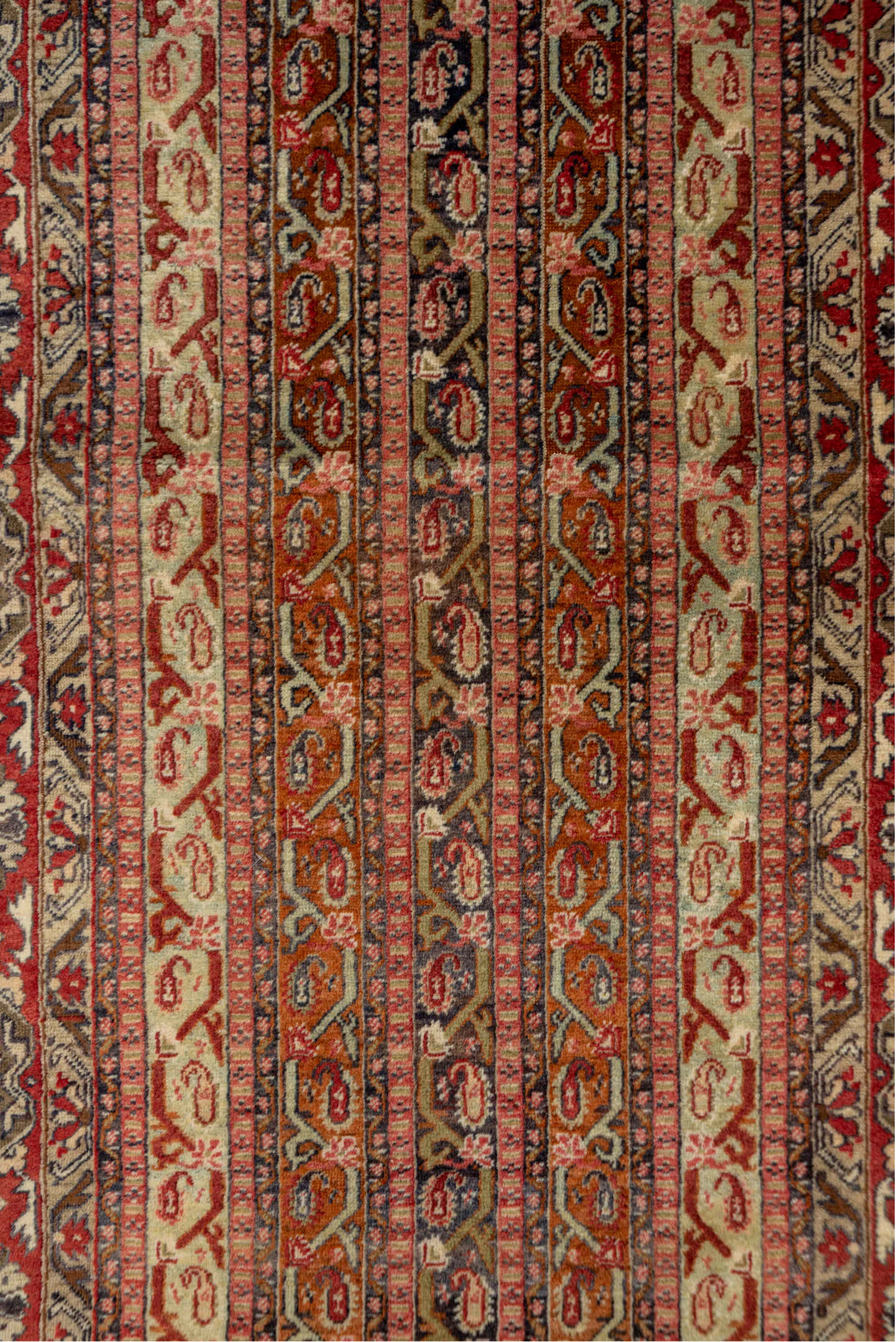 3' x 11' one-of-a-kind handmade vintage Sivas runner rug. Color palette: brown, maroon, orange, pink, red, tan