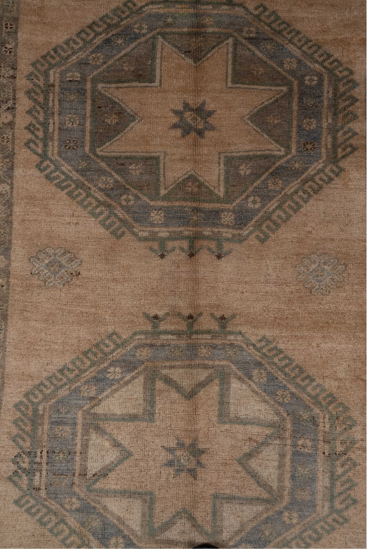 5' x 13' one-of-a-kind handmade vintage Oushak rug. Color palette: black, brown, gray, light gray, off-white, pink, snow