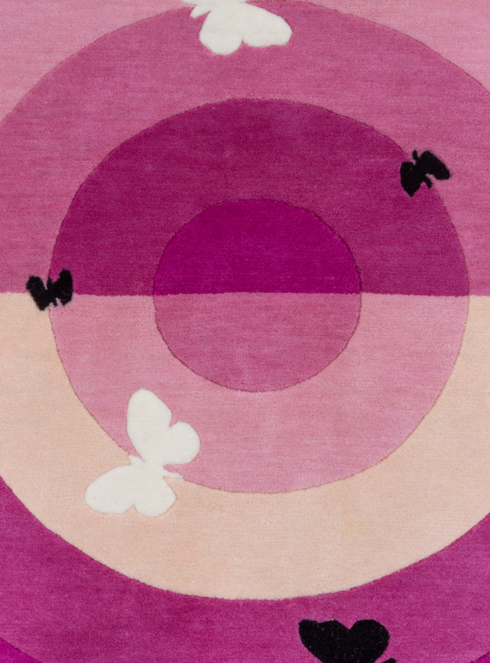 3' x 3' one-of-a-kind handmade vintage Mod small size rug. Color palette: black, pink, off-white, gray, light gray, orange