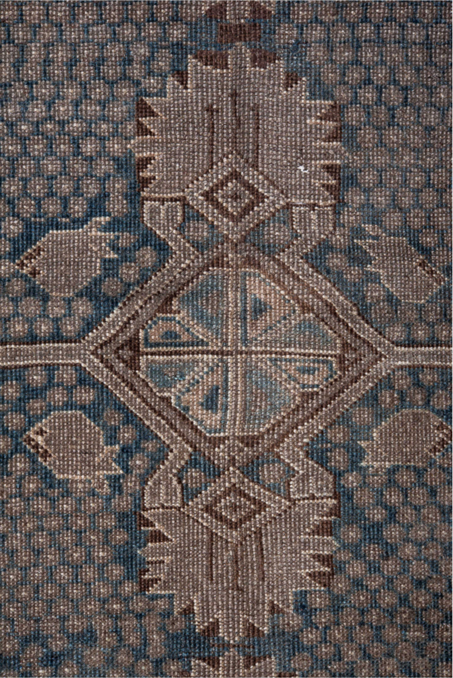 5' x 7' one-of-a-kind handmade vintage Belouch rug. Color palette: black, blue, brown, charcoal, gray, light gray, pink