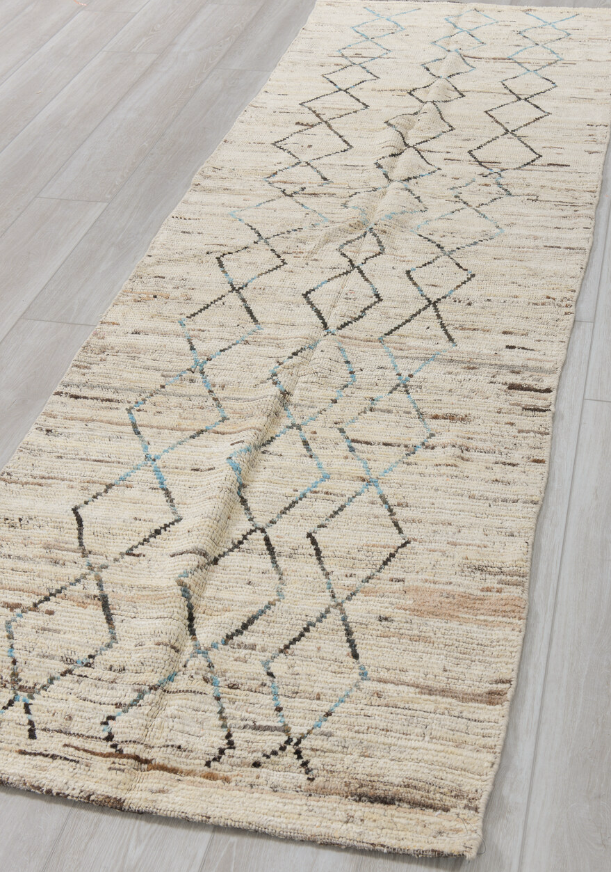 2' x 9' one-of-a-kind handmade vintage Tulu runner rug. Color palette: blue, dark gray, dim gray, gray, light gray