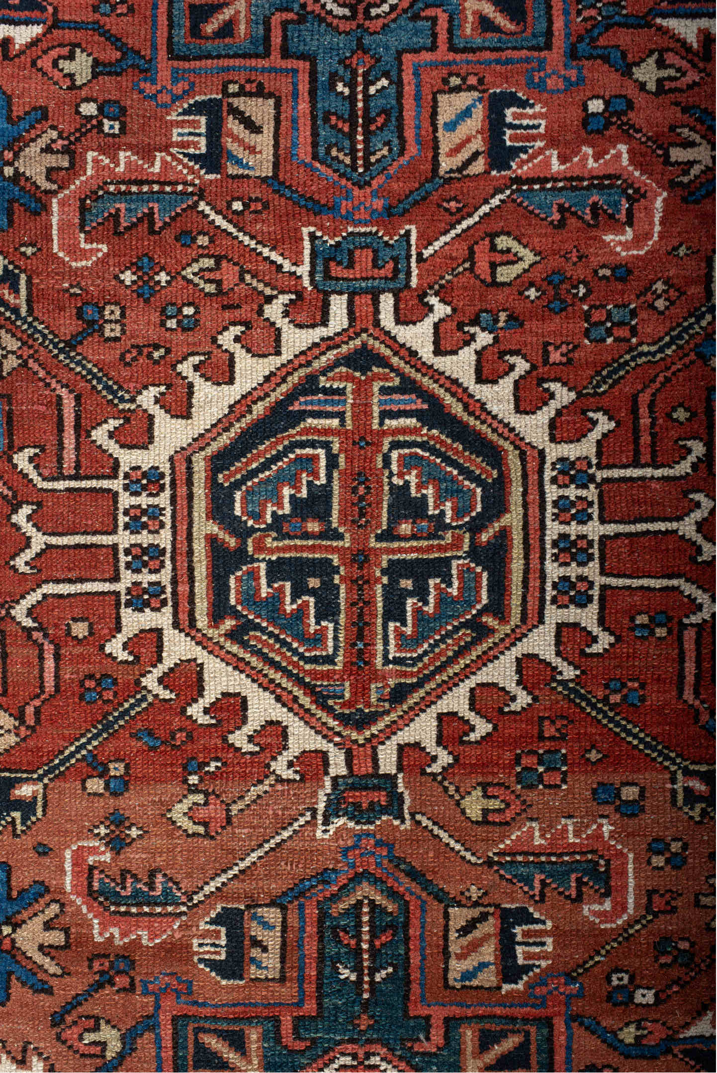 4' x 6' one-of-a-kind handmade vintage Karaje small size rug. Color palette: black, blue, brown, dark red, gray, light gray