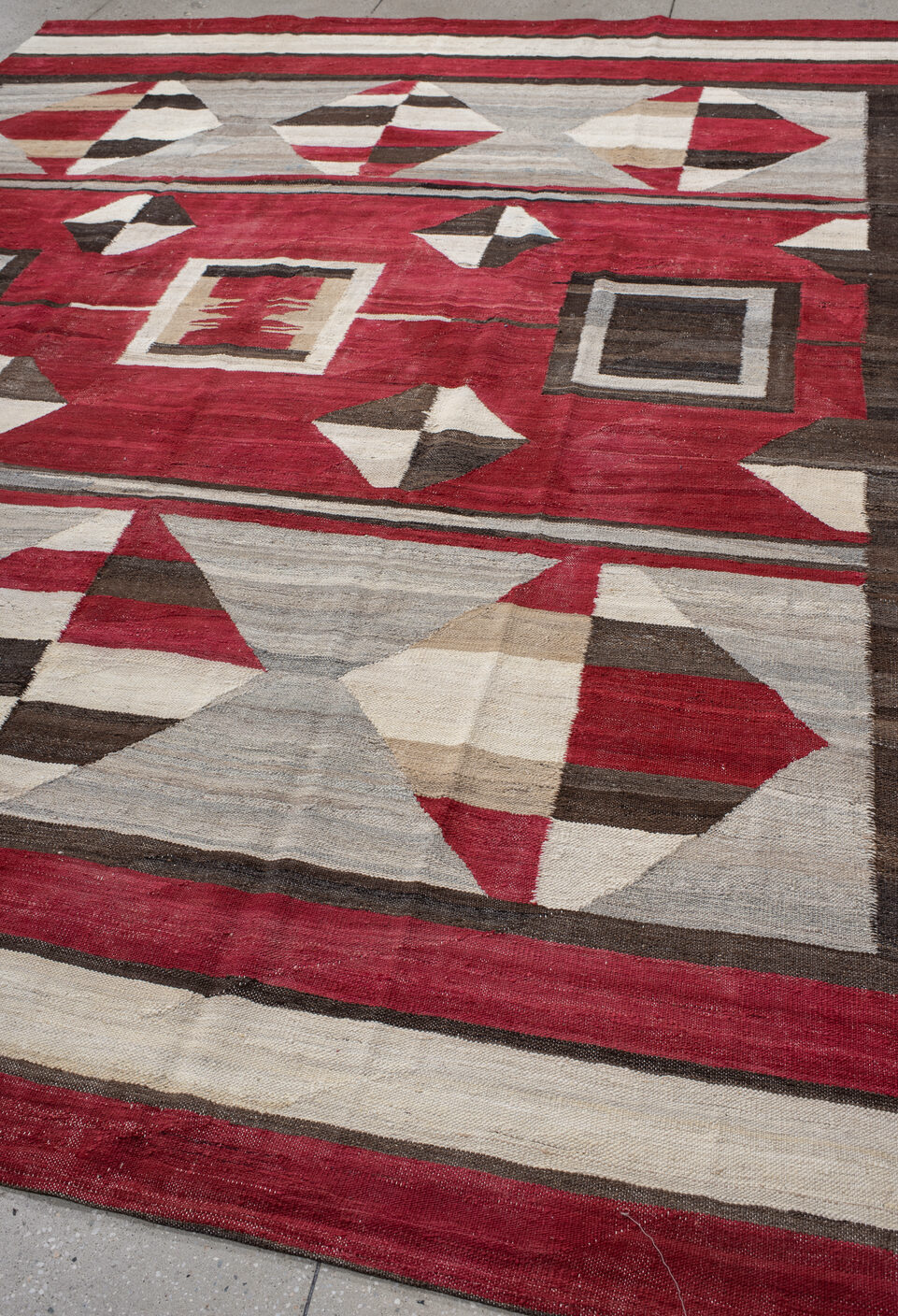 8' x 11' one-of-a-kind handmade vintage Kilim large size rug. Color palette: gray, off-white, brown, red, light gray, pink