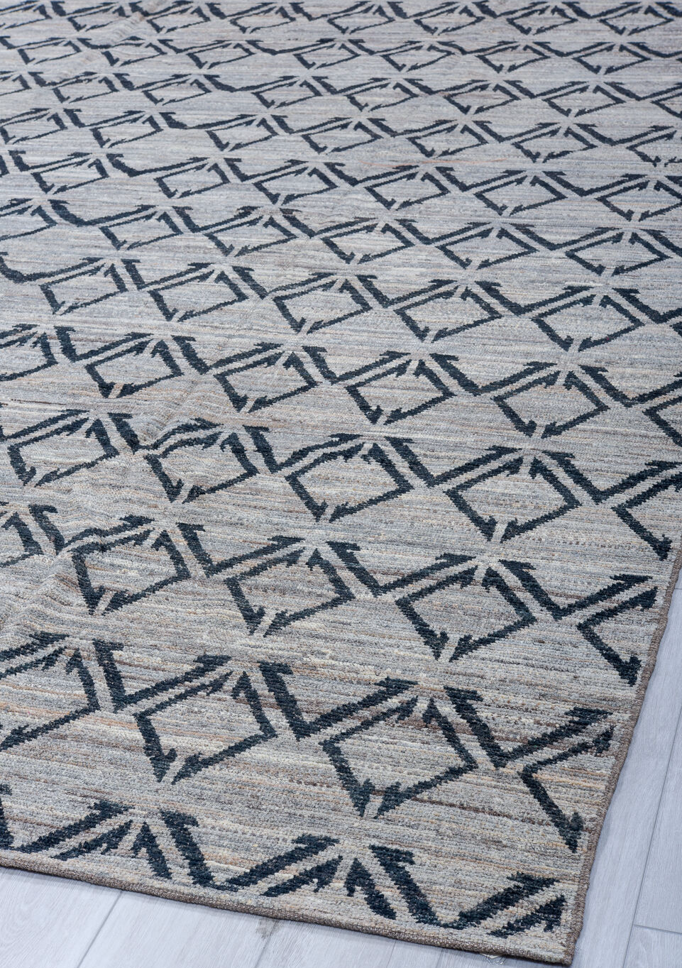 9' x 11' one-of-a-kind handmade vintage Tulu large size rug. Color palette: black, blue, dark gray, fiord, gainsboro, gray