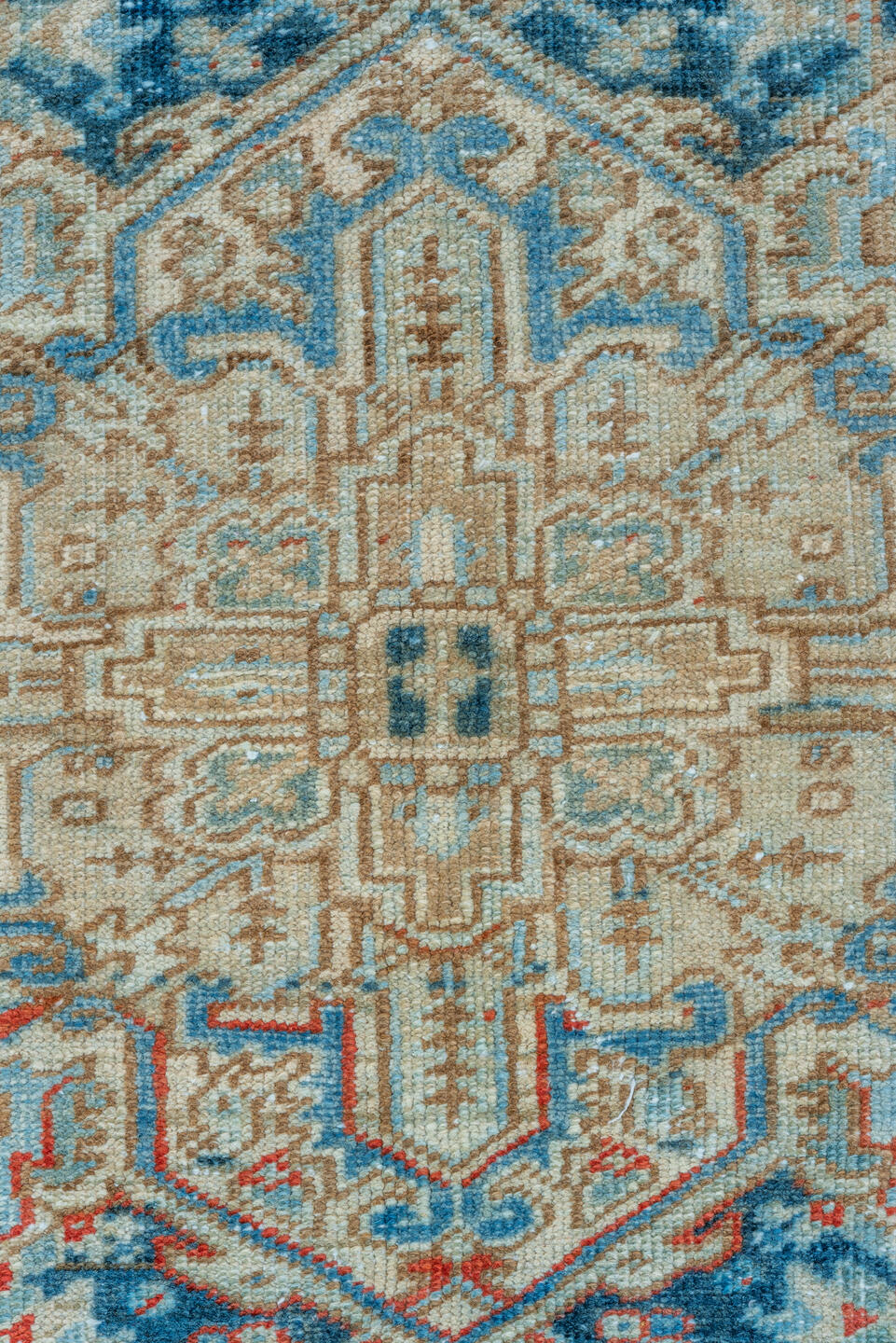 6' x 9' one-of-a-kind handmade vintage Heriz medium size rug. Color palette: blue, brown, gray, light gray, off-white