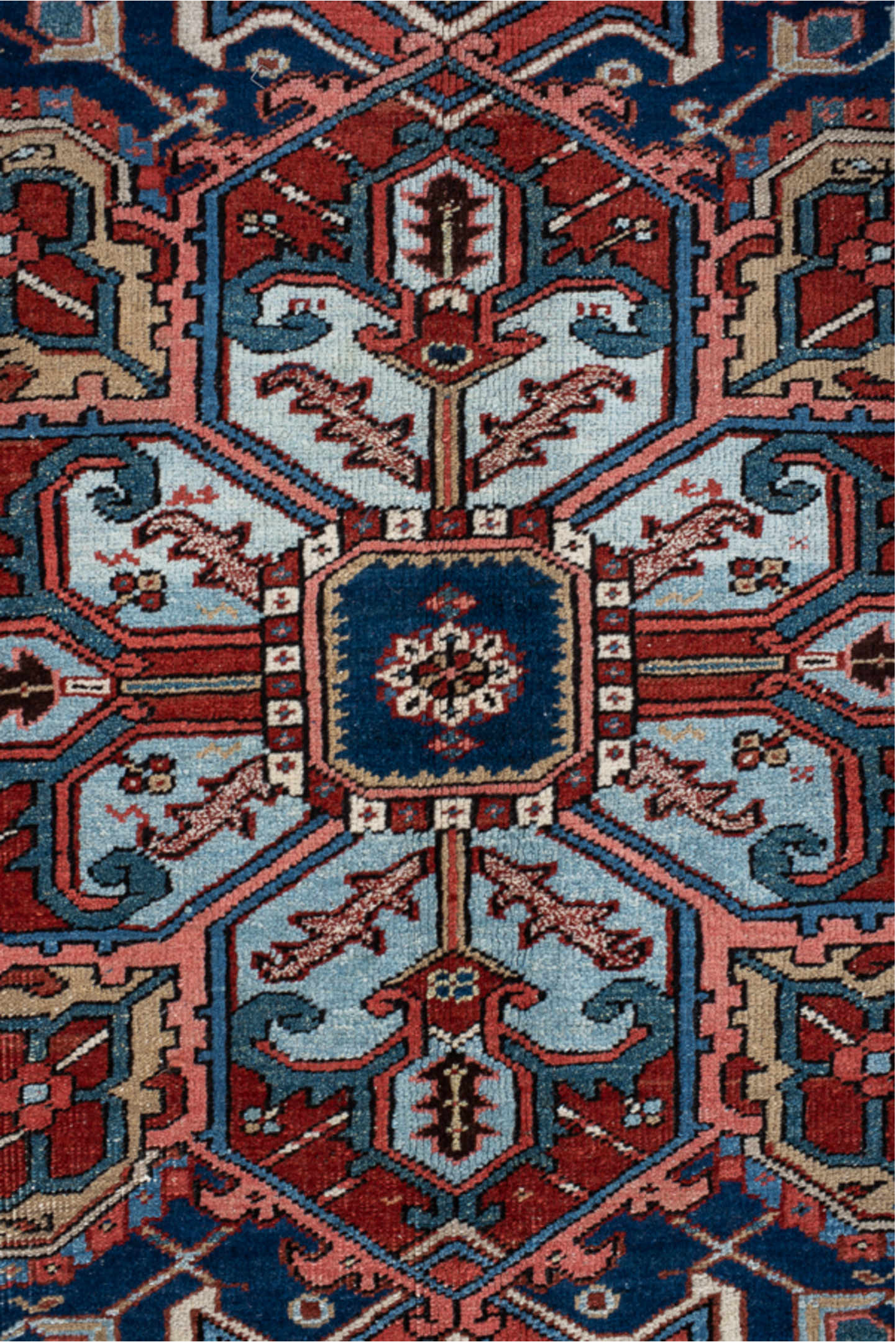 9' x 12' one-of-a-kind handmade vintage Heriz large size rug. Color palette: arapawa, black, blue, brown, dark gray