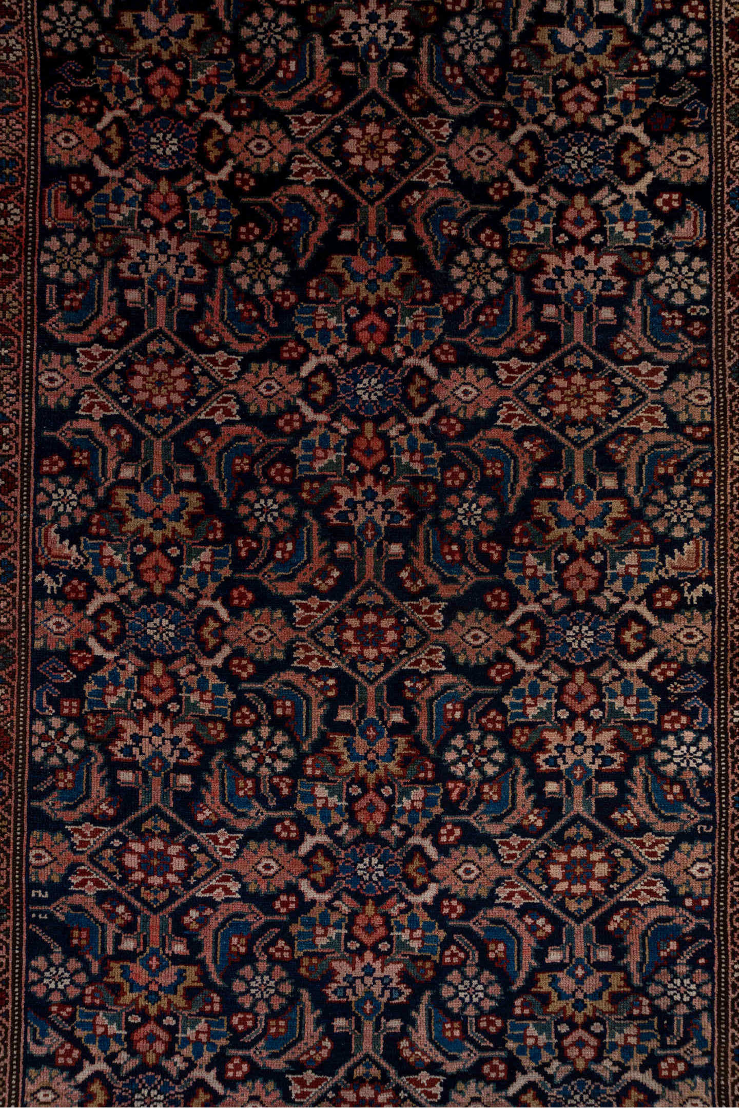 5' x 14' one-of-a-kind handmade vintage Malayer rug. Color palette: black, blue, brown, charcoal, gray