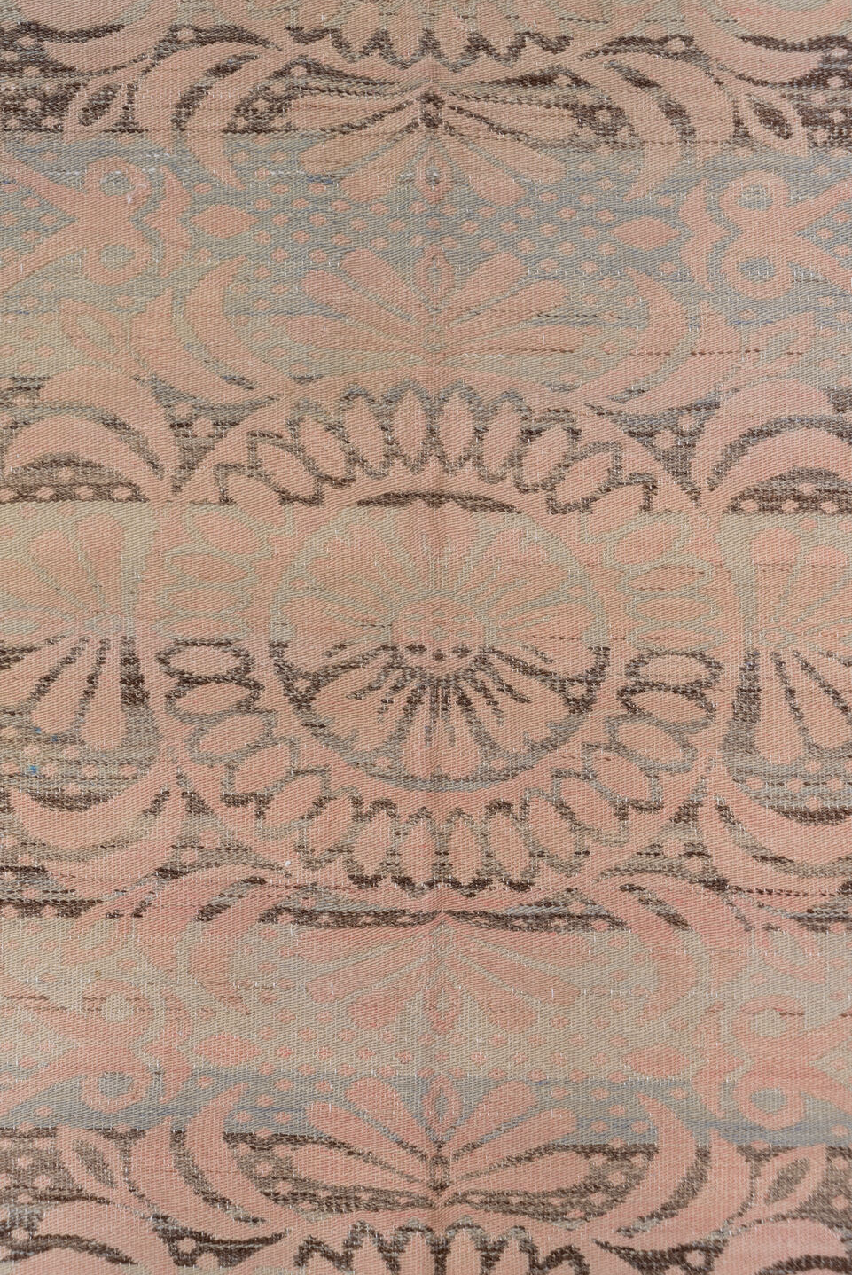 5' x 7' one-of-a-kind handmade vintage Kilim rug. Color palette: brown, gray, light gray, off-white, pink, snow, white