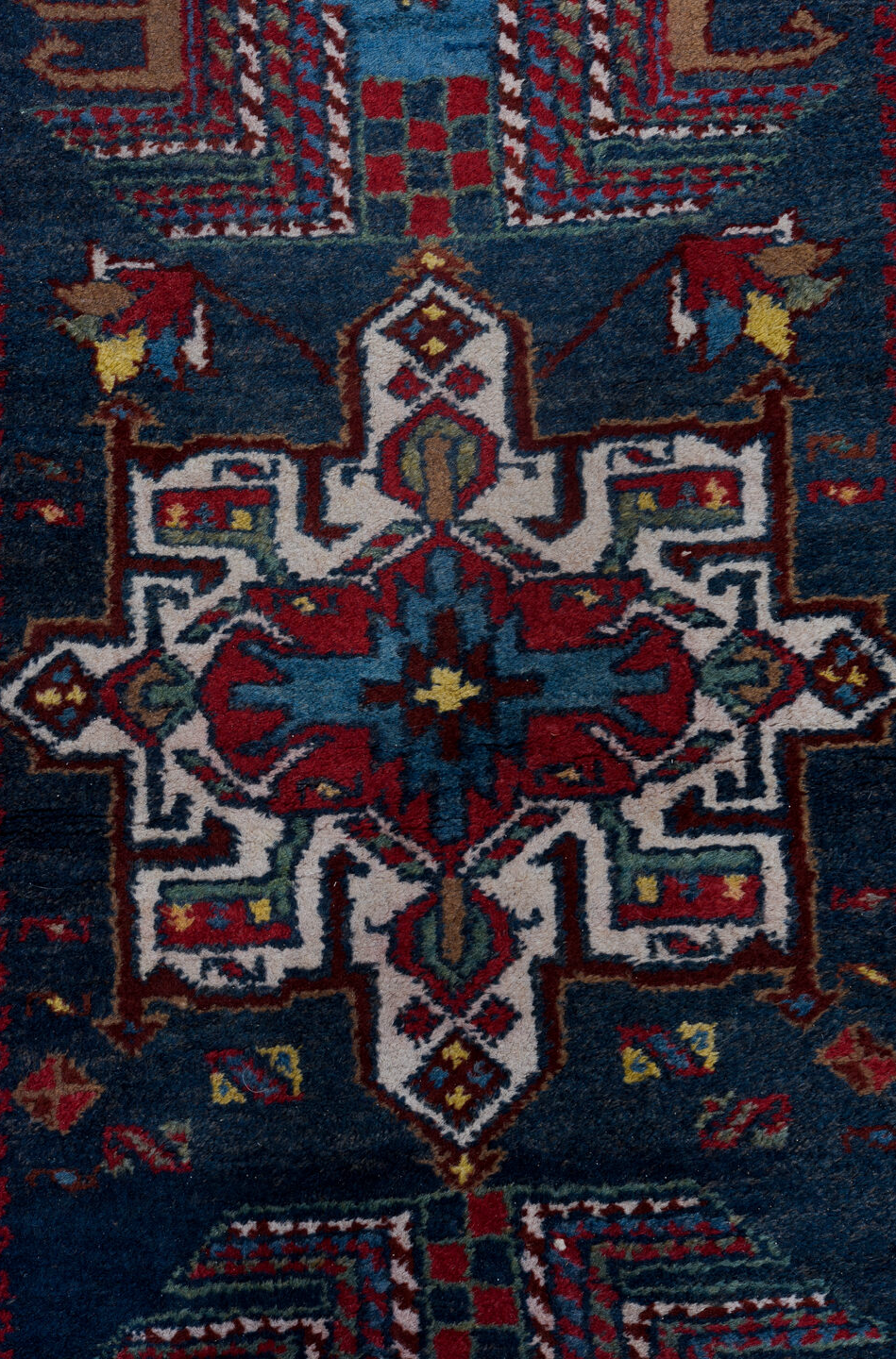 3' x 14' one-of-a-kind handmade vintage Heriz runner rug. Color palette: blue, brown, dim gray, gray, pink, red