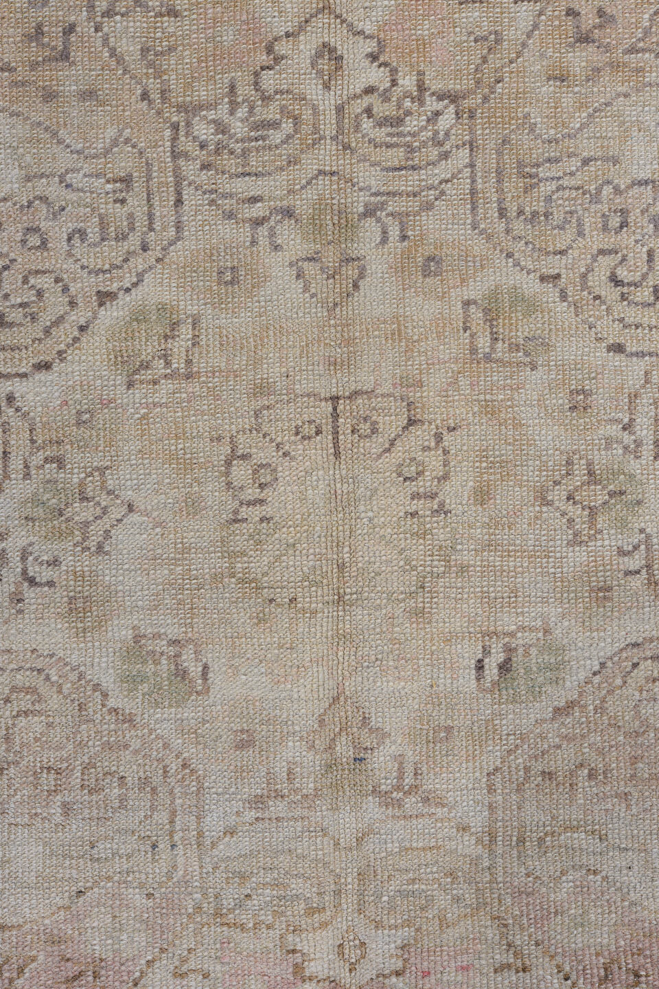 6' x 9' one-of-a-kind handmade vintage Oushak medium size rug. Color palette: brown, gray, light gray, off-white, pink
