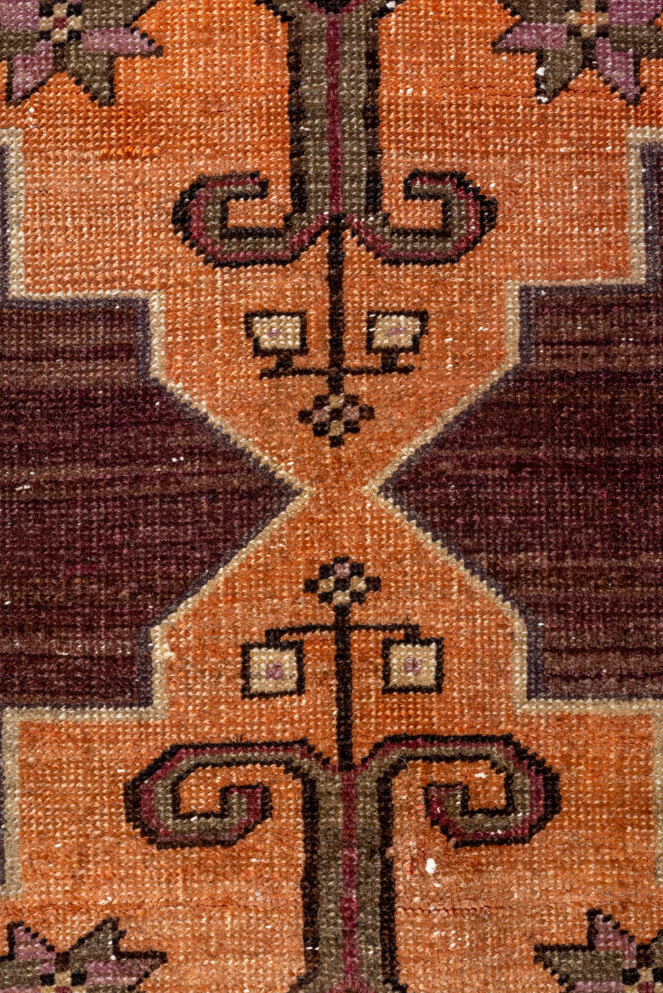 2' x 8' one-of-a-kind handmade vintage Kars runner rug. Color palette: black, brown, chocolate, orange, pink, red, redwood