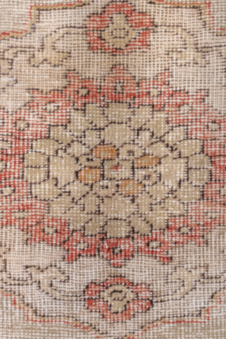 7' x 10' one-of-a-kind handmade vintage Oushak large size rug. Color palette: brown, gray, light gray, off-white, pink, red