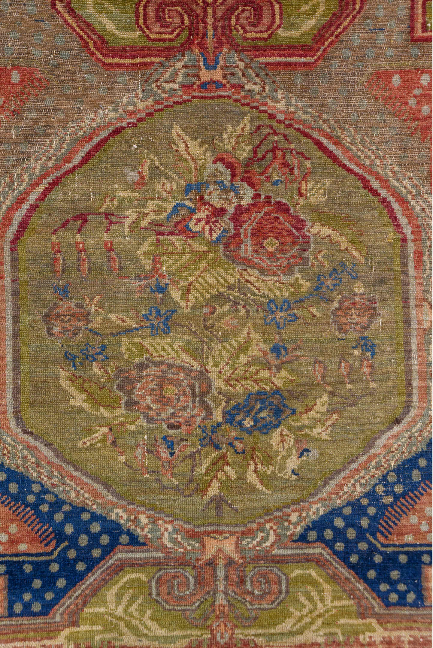 5' x 11' one-of-a-kind handmade vintage Oushak rug. Color palette: brown, gray, light gray, off-white, pink, red