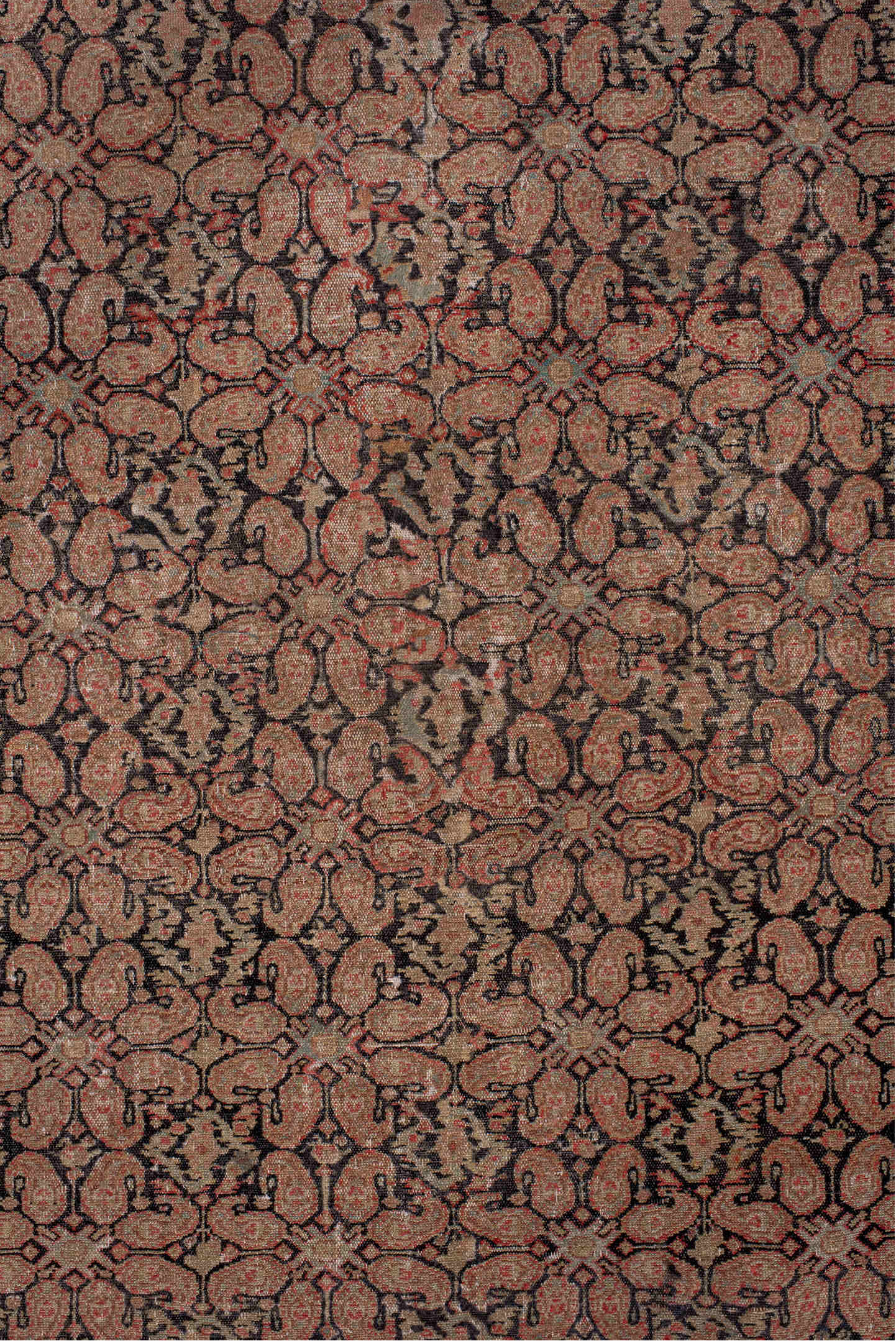 4' x 6' one-of-a-kind handmade vintage Senne small size rug. Color palette: black, brown, gray, pink, red