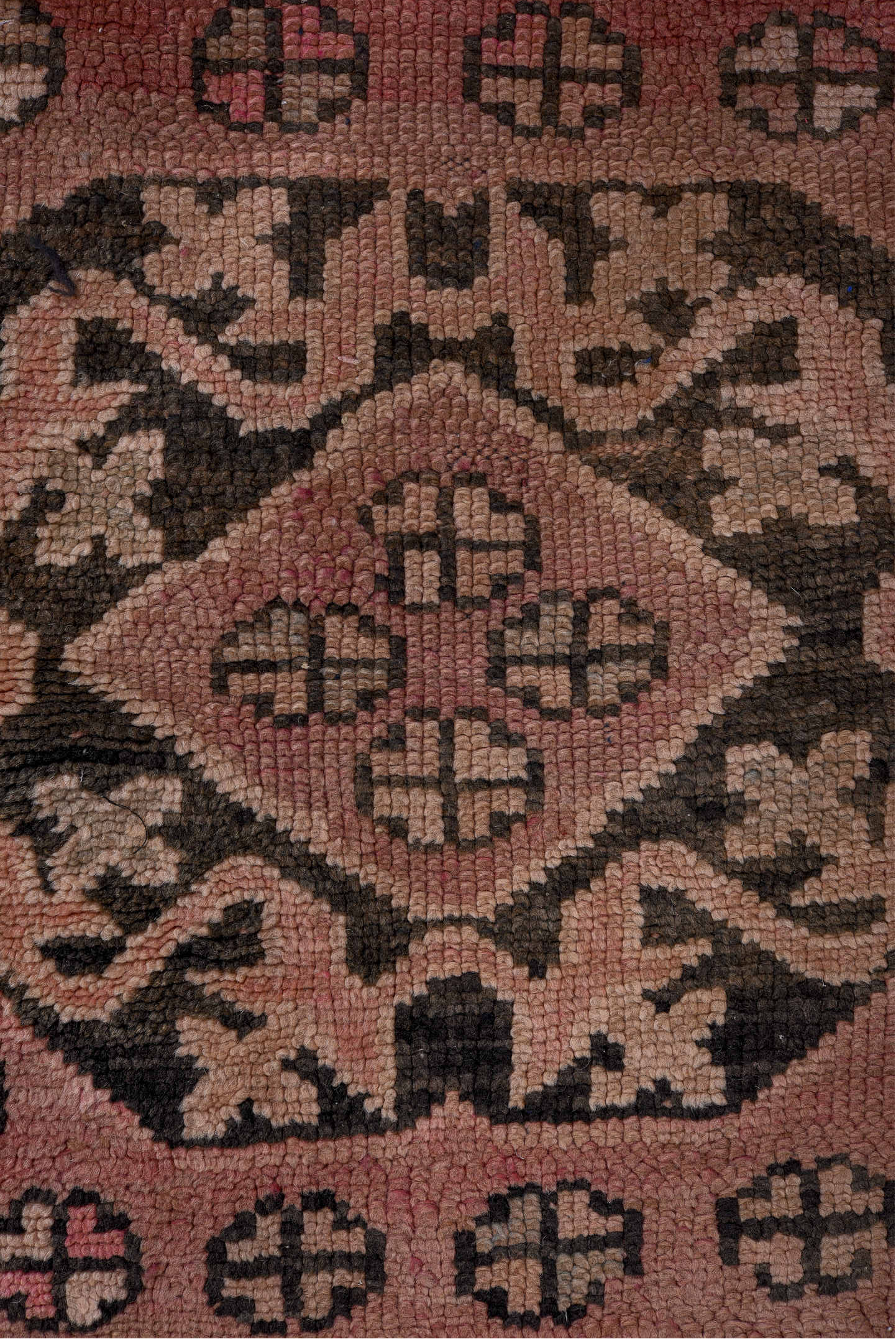 3' x 6' one-of-a-kind handmade vintage Moroccan runner rug. Color palette: black, brown, charcoal, gray, light blue, pink