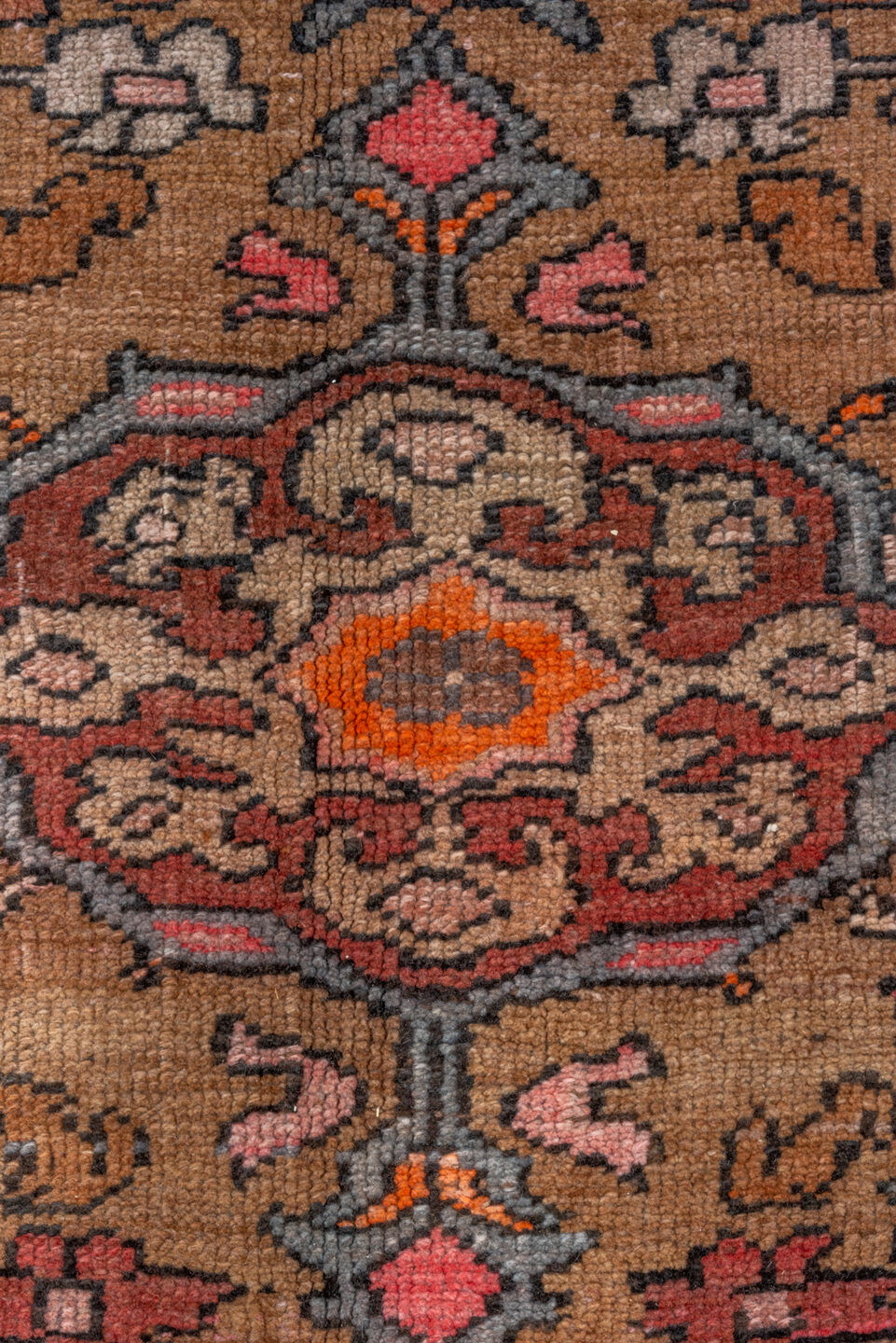 7' x 11' one-of-a-kind handmade vintage Kars large size rug. Color palette: brown, gray, pink, red, redwood