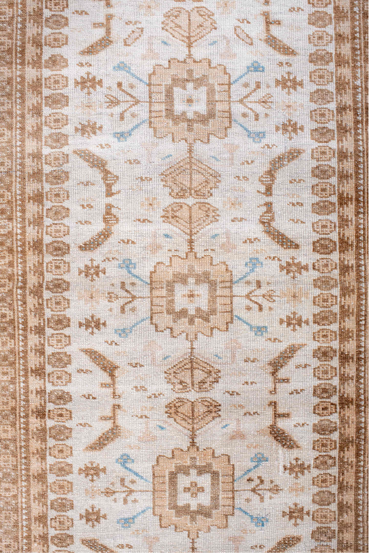 2' x 10' one-of-a-kind handmade vintage Belouch runner rug. Color palette: brown, gainsboro, gray, light blue, light gray