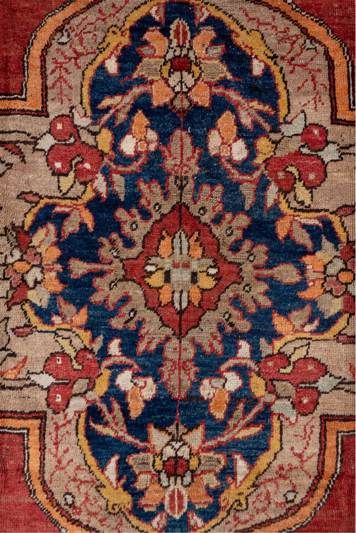 6' x 10' one-of-a-kind handmade vintage Oushak large size rug. Color palette: blue, brown, gray, pink, red