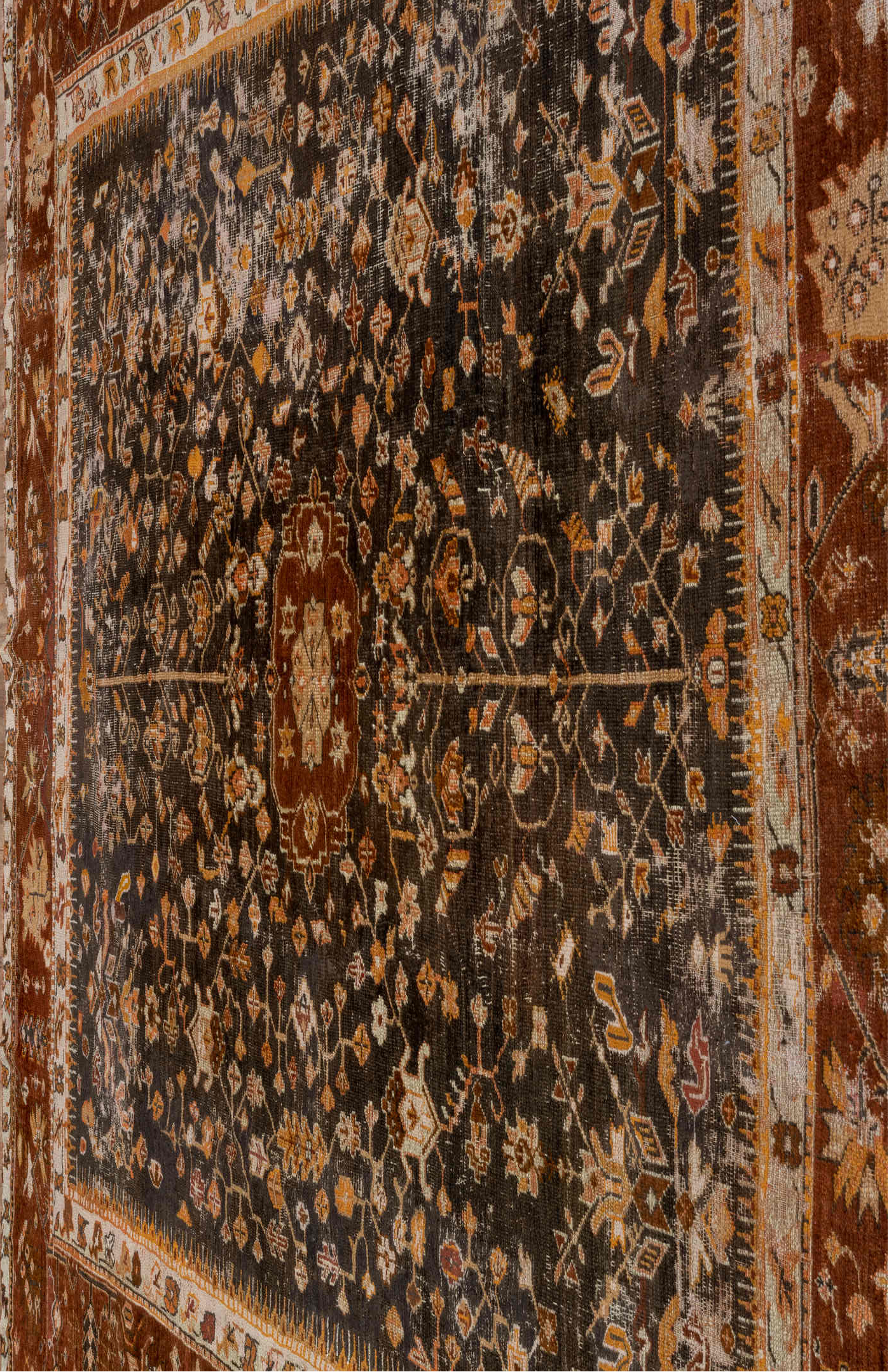 10' x 10' one-of-a-kind handmade vintage Oushak large size rug. Color palette: brown, gray, orange, pink