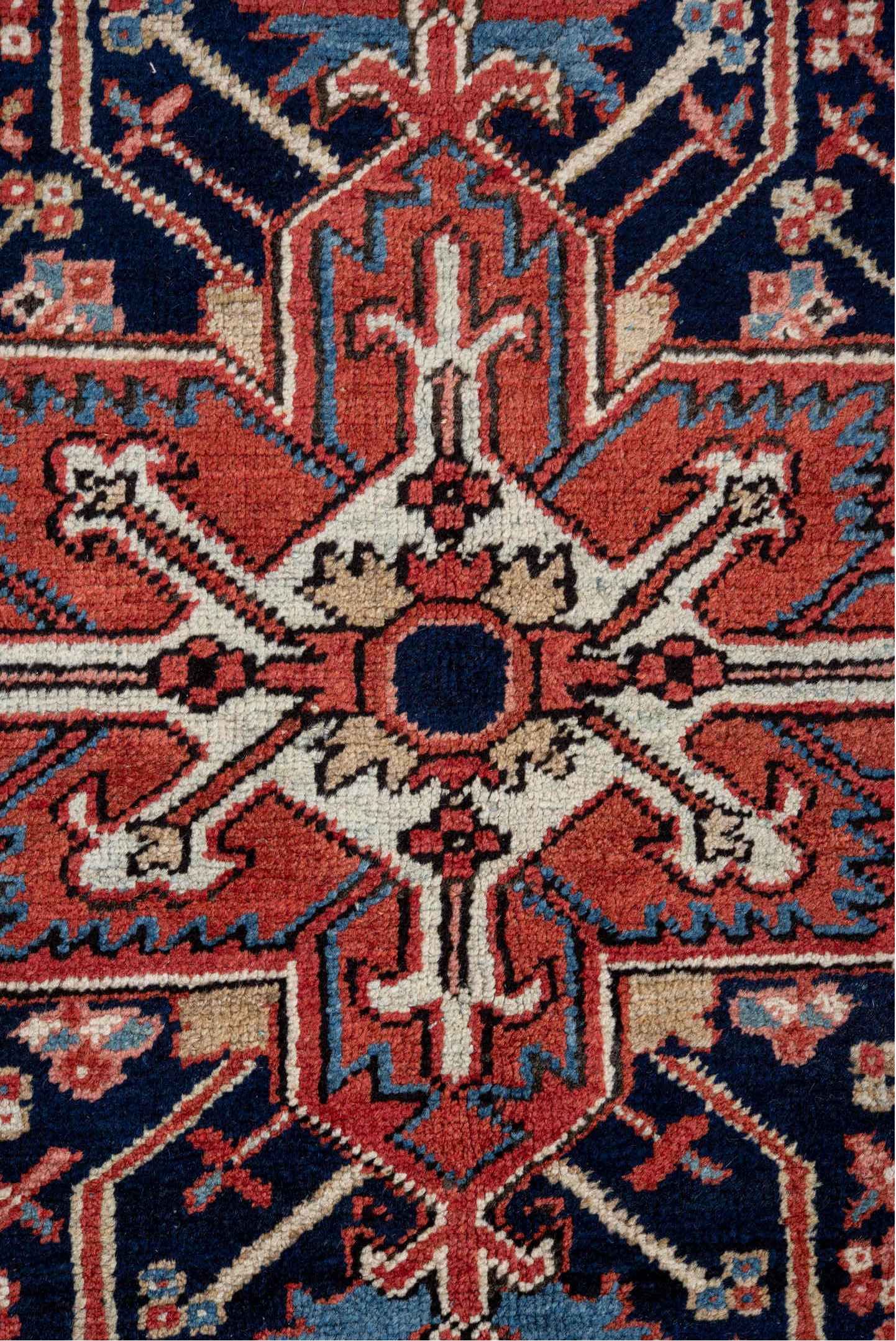 7' x 9' one-of-a-kind handmade vintage Heriz rug. Color palette: blue, brown, dark gray, fiord, gray, light gray, off-white