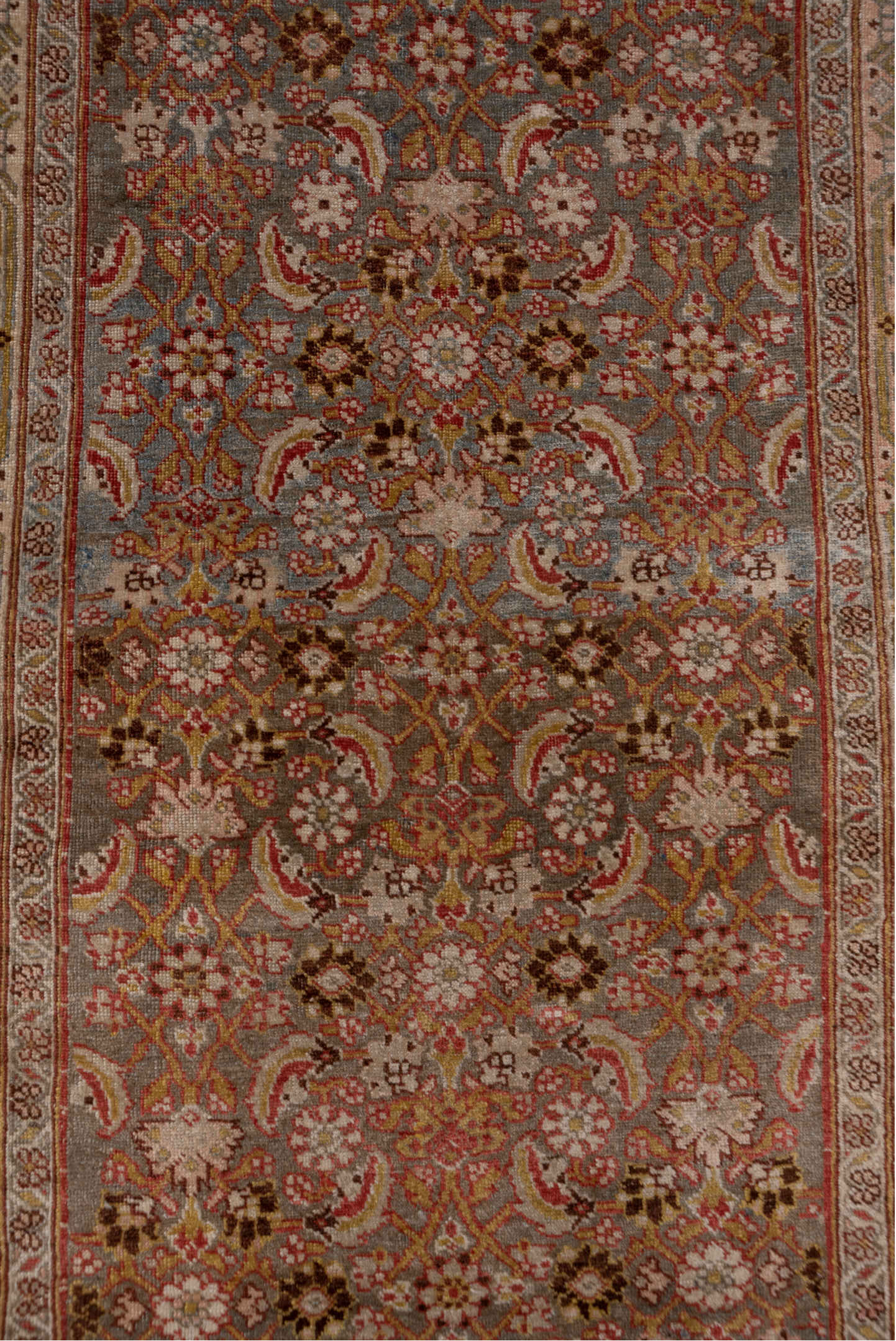 3' x 17' one-of-a-kind handmade vintage Bidjar runner rug. Color palette: brown, gray, light gray, off-white, pink, snow