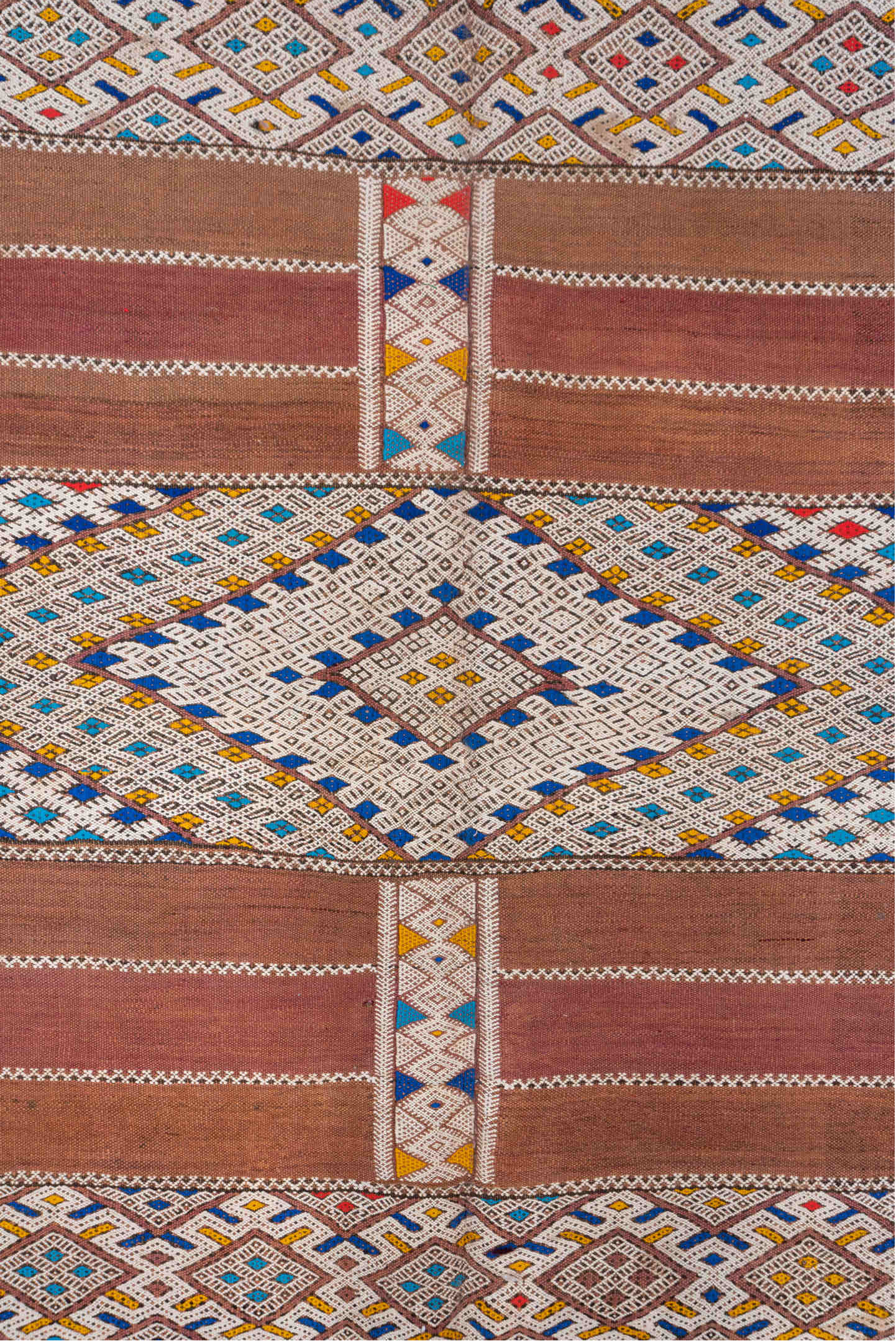 5' x 11' one-of-a-kind handmade vintage Kilim rug. Color palette: blue, brown, gray, light gray, off-white, pink