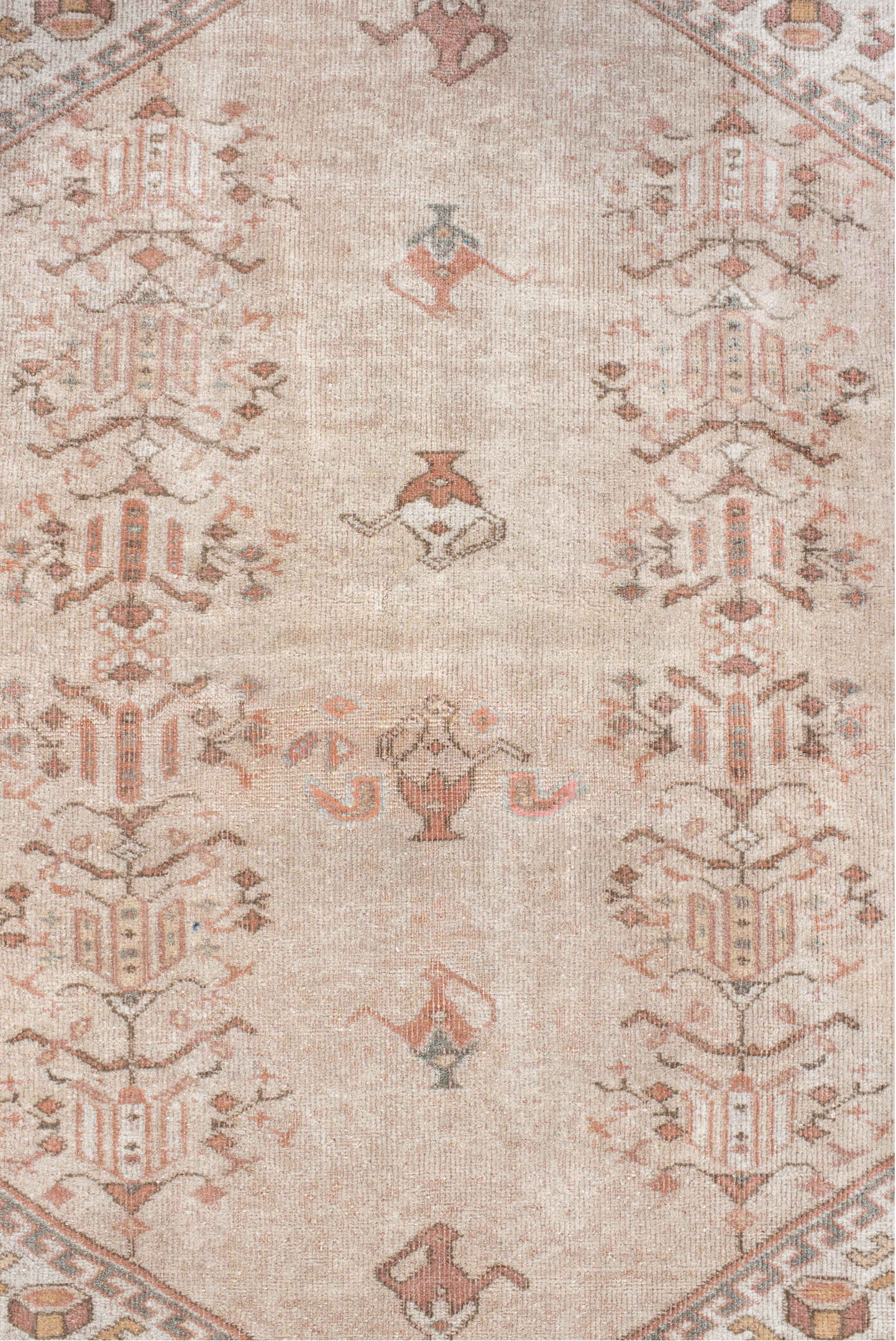 5' x 6' one-of-a-kind handmade vintage Melas rug. Color palette: antiquewhite, brown, gray, light gray, linen, off-white