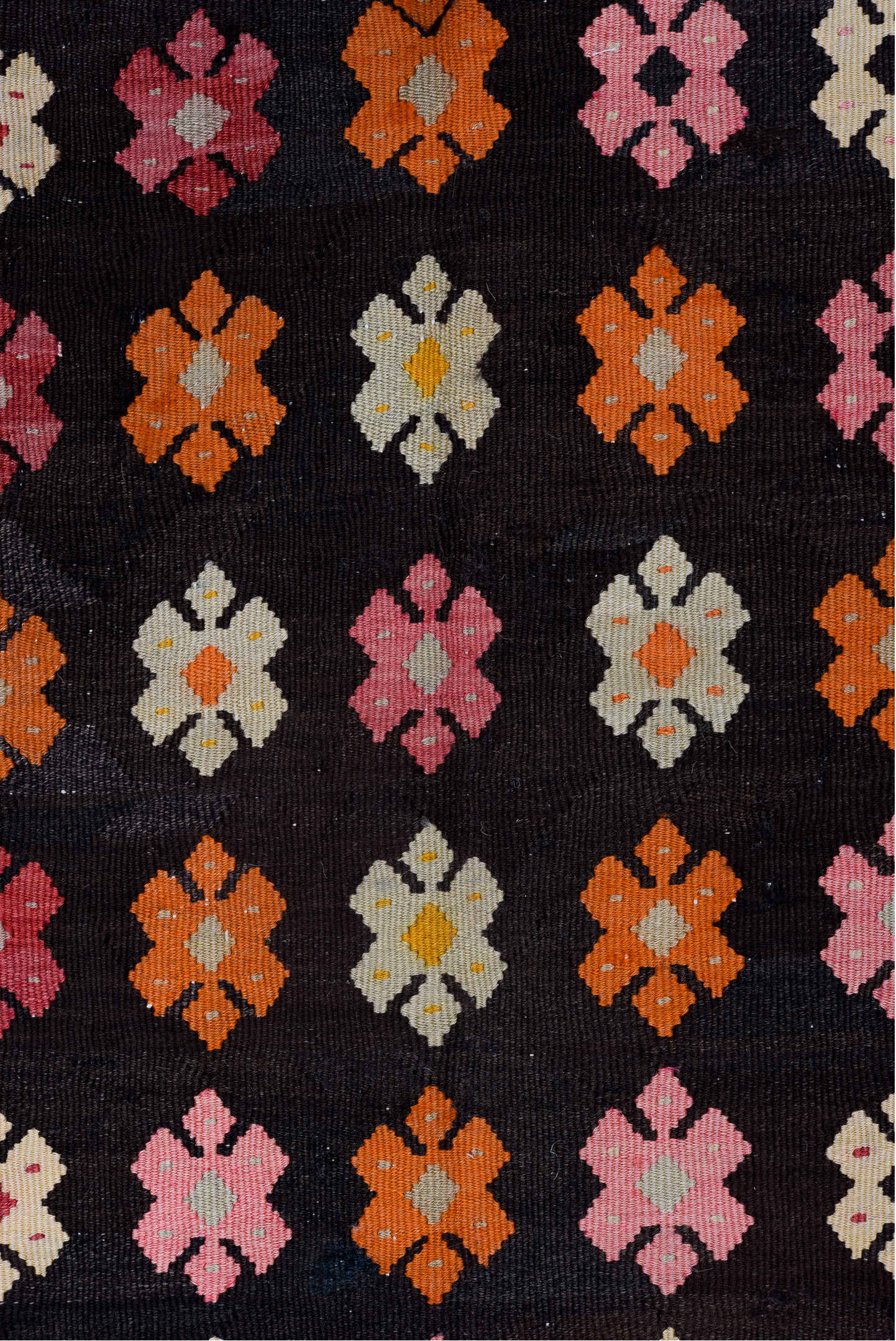7' x 8' one-of-a-kind handmade vintage Kilim rug. Color palette: red, brown, gray, light gray, pink, black, orange