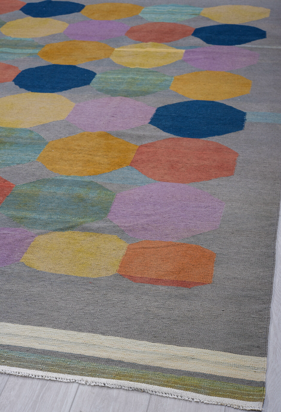 9' x 12' one-of-a-kind handmade vintage Kilim large size rug. Color palette: black, blue, brown, dim gray, gray, light gray