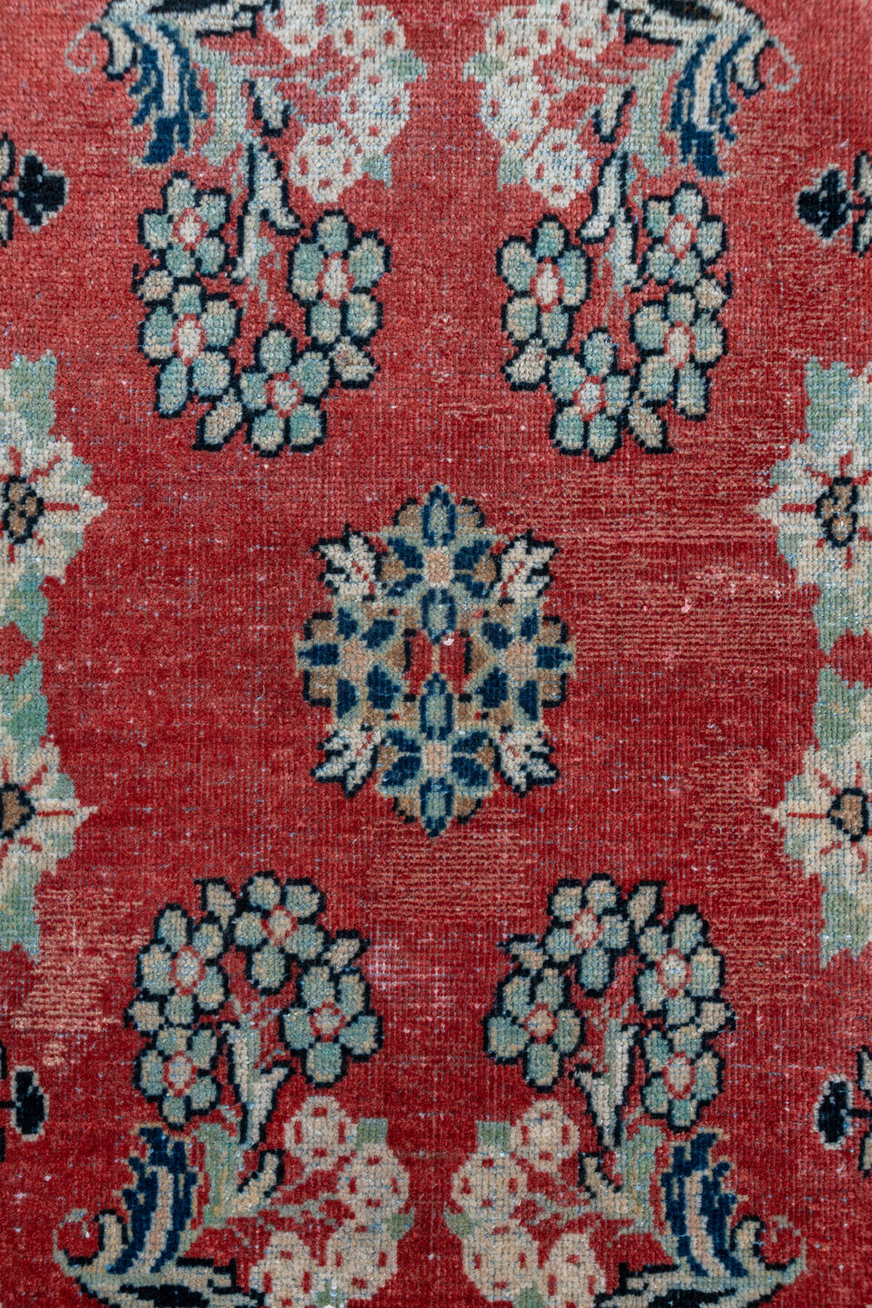 2' x 13' one-of-a-kind handmade vintage Mahal runner rug. Color palette: blue, brown, dim gray, gray, pink, red