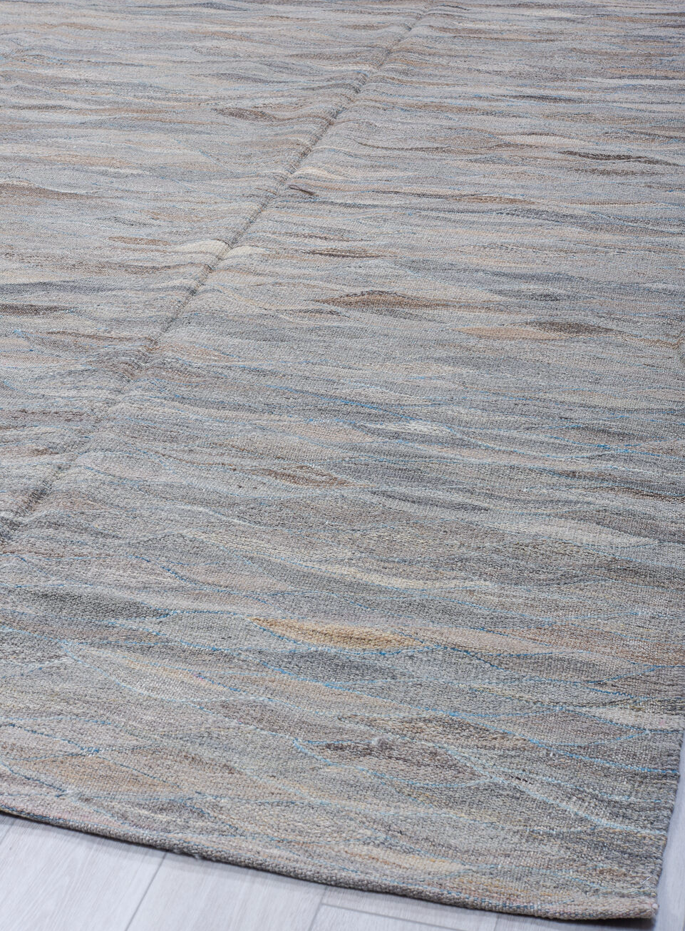 8' x 11' one-of-a-kind handmade vintage Kilim large size rug. Color palette: blue, dim gray, gray, light blue, light gray