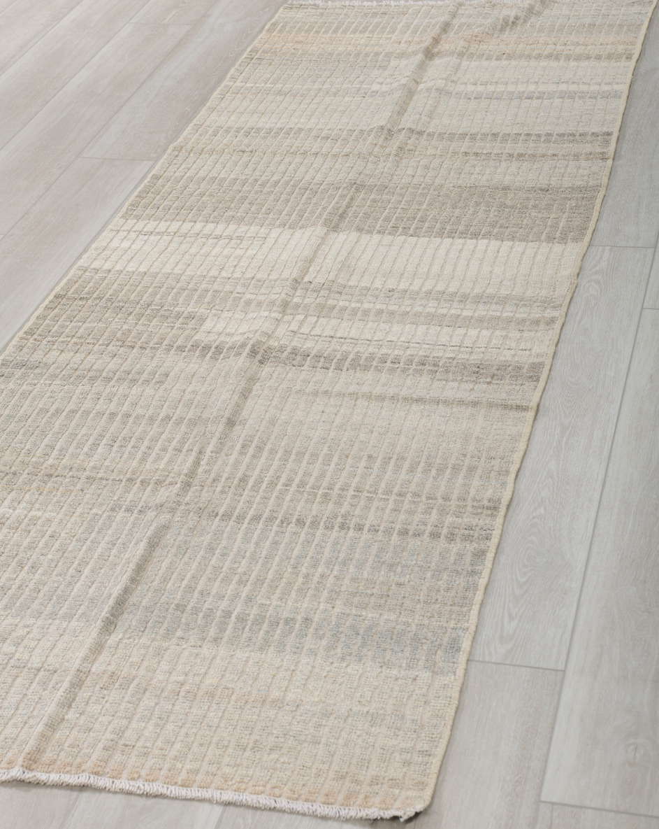 3' x 9' one-of-a-kind handmade vintage Tulu runner rug. Color palette: dark gray, dim gray, gainsboro, gray, light gray