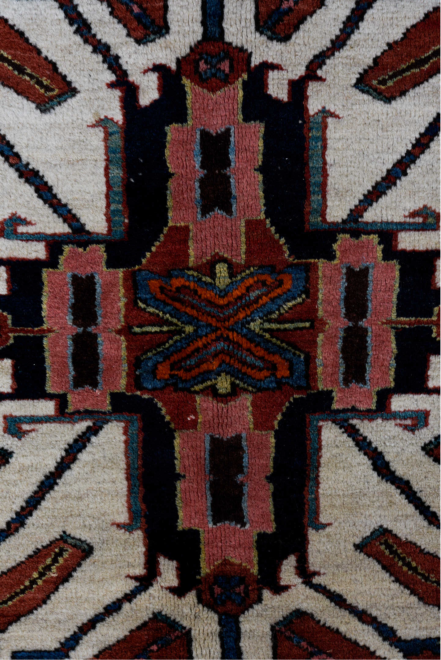 4' x 7' one-of-a-kind handmade vintage Karaje rug. Color palette: gray, light gray, brown, red, pink, blue, off-white