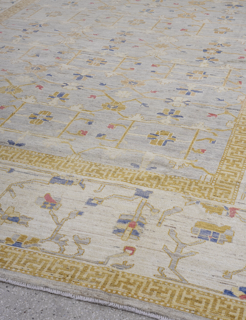 10' x 14' one-of-a-kind handmade vintage Oushak large size rug. Color palette: blue, brown, dark gray, dim gray, fiord, gray