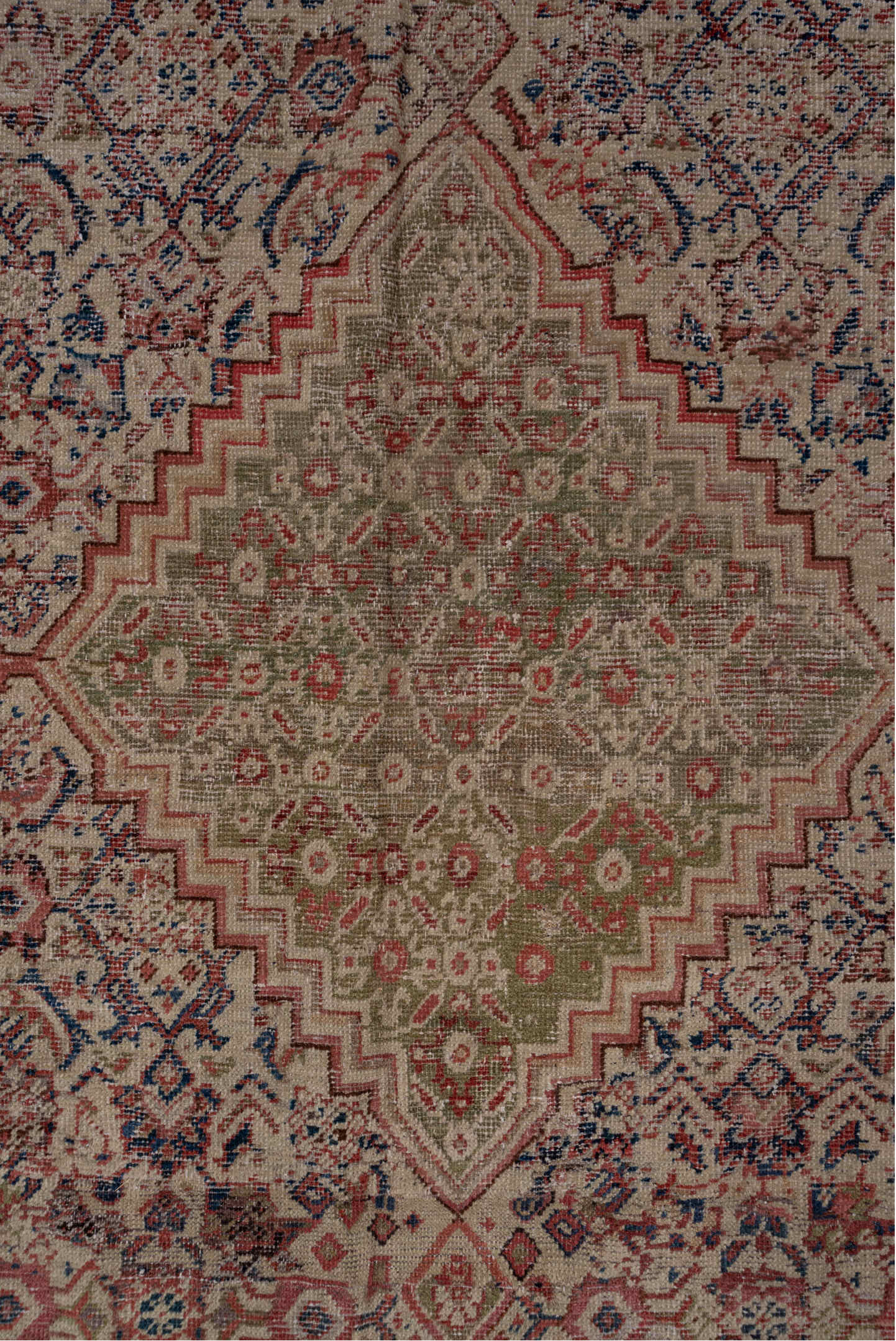 8' x 19' one-of-a-kind handmade vintage Farahan rug. Color palette: black, blue, brown, charcoal, gray, pink, red