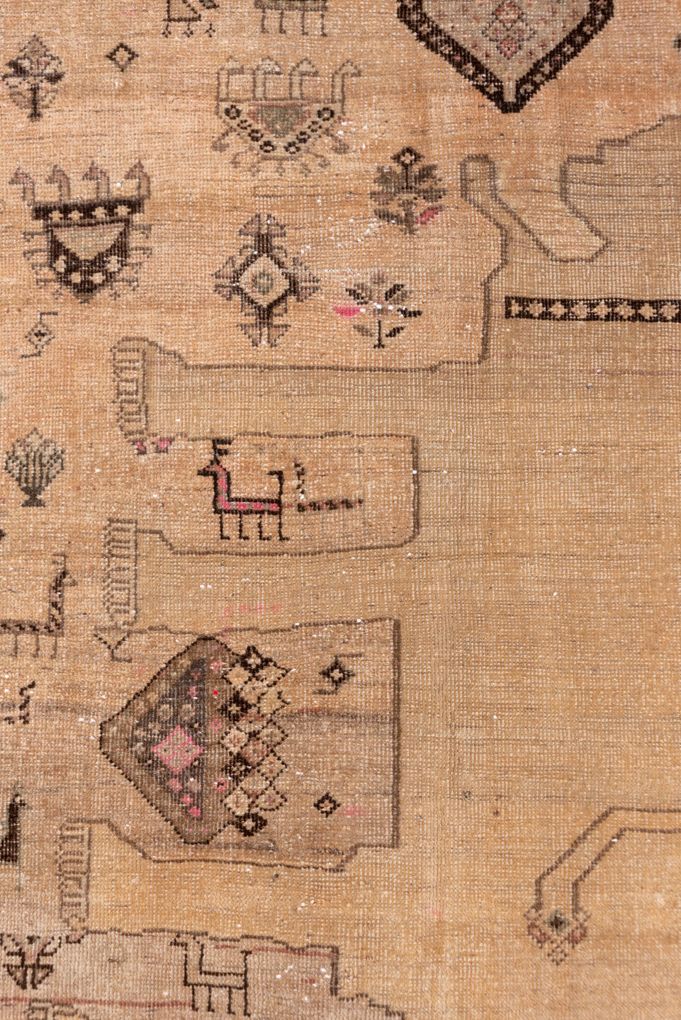 3' x 6' one-of-a-kind handmade vintage Gabbe small size rug. Color palette: brown, gray, light gray, orange, pink